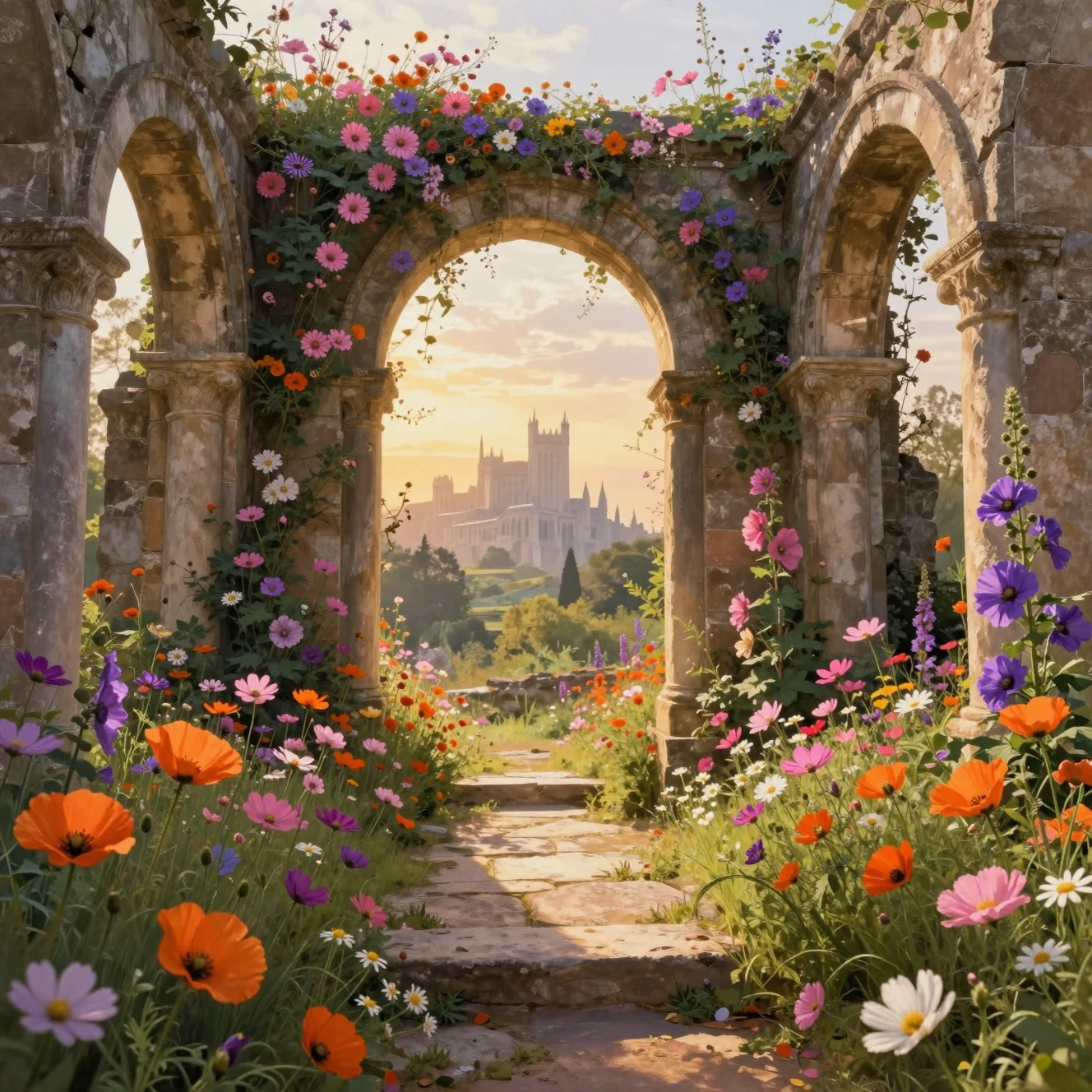 Wildflowers reclaim ancient stone arches beneath a glowing golden sky