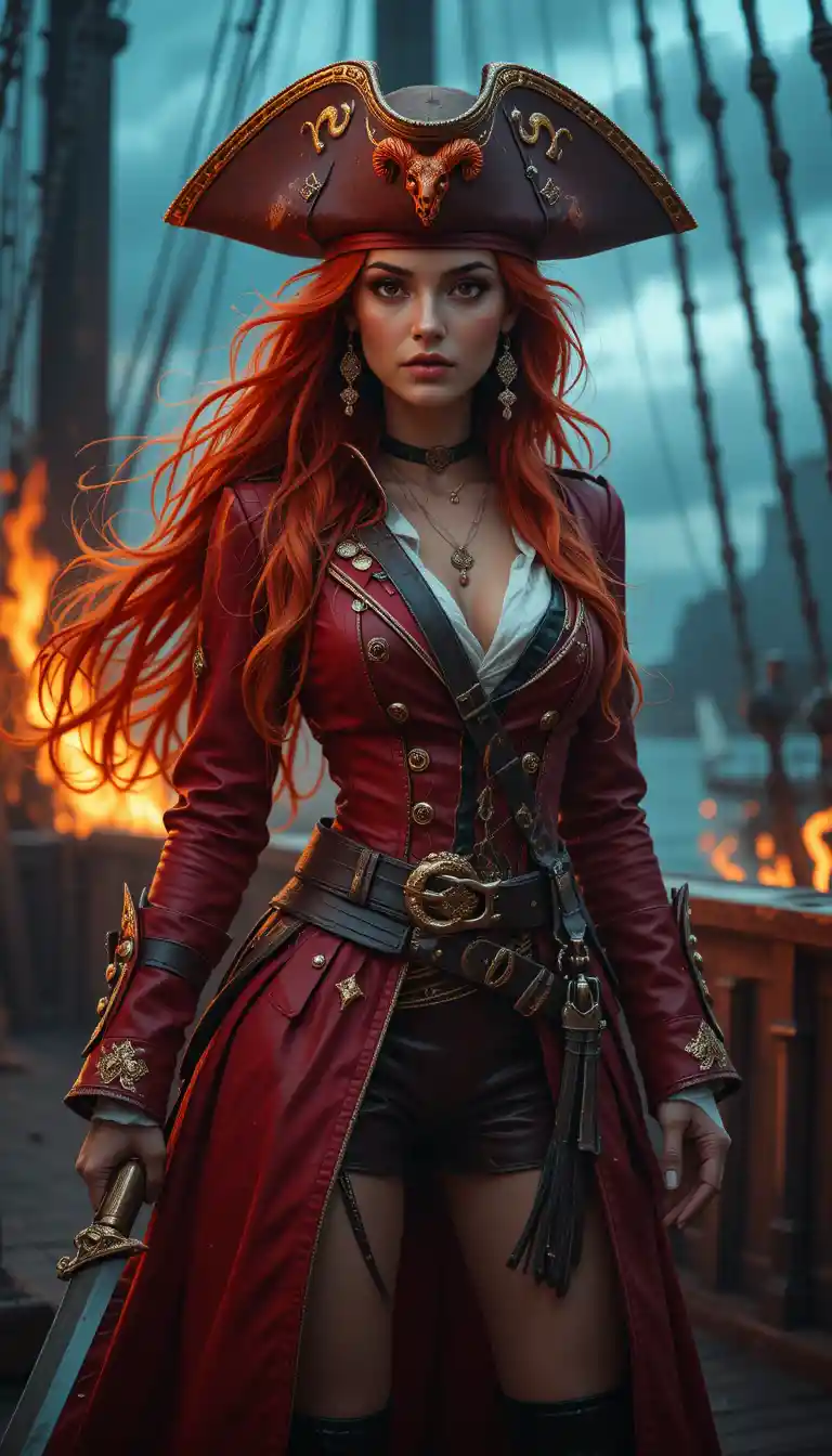 Red-haired pirate wields a cutlass on a flame-filled ship deck
