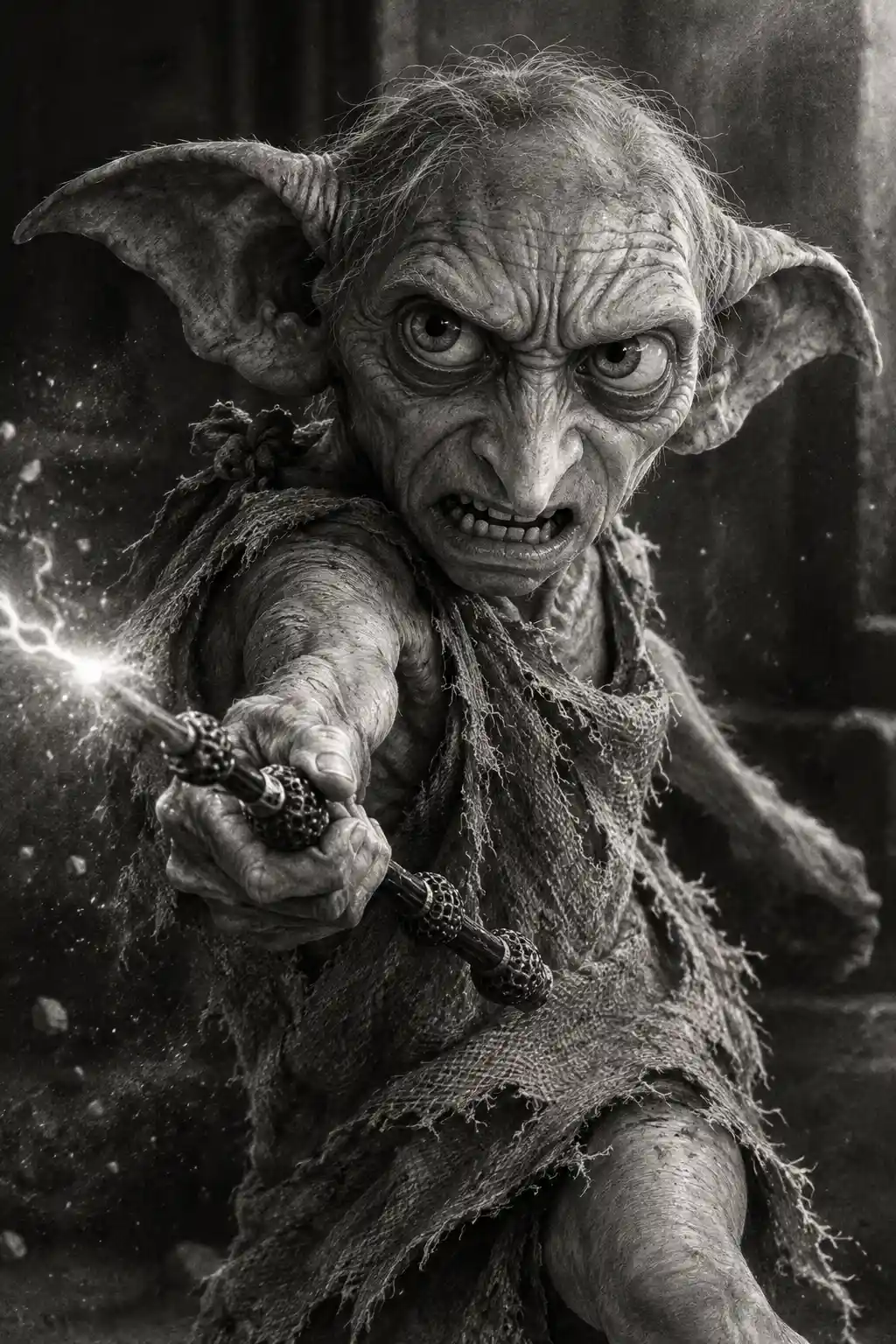 Dobby Casts a Spell with the Elder Wand in a Fierce Graphite Drawing
