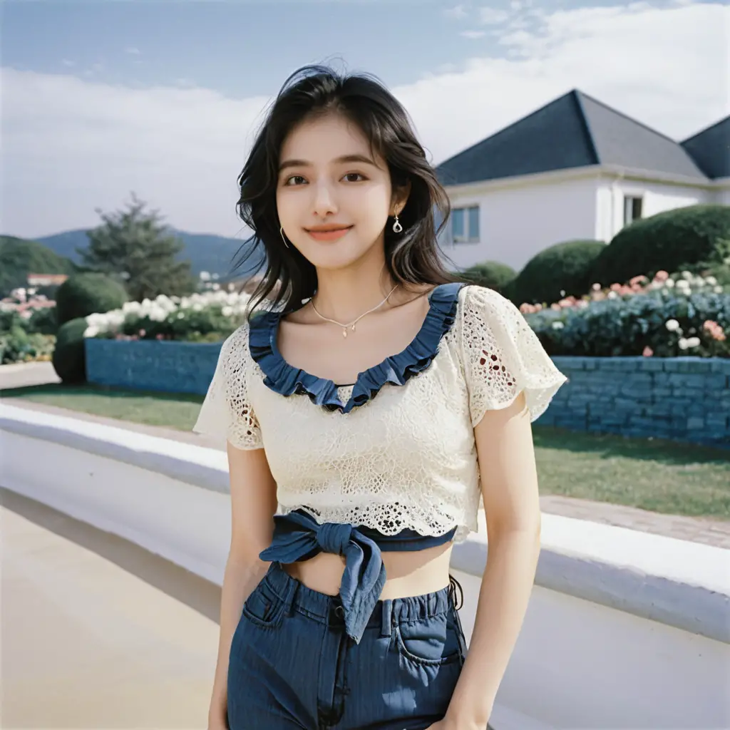 Joyful woman leaning along a sunlit cobblestone garden path