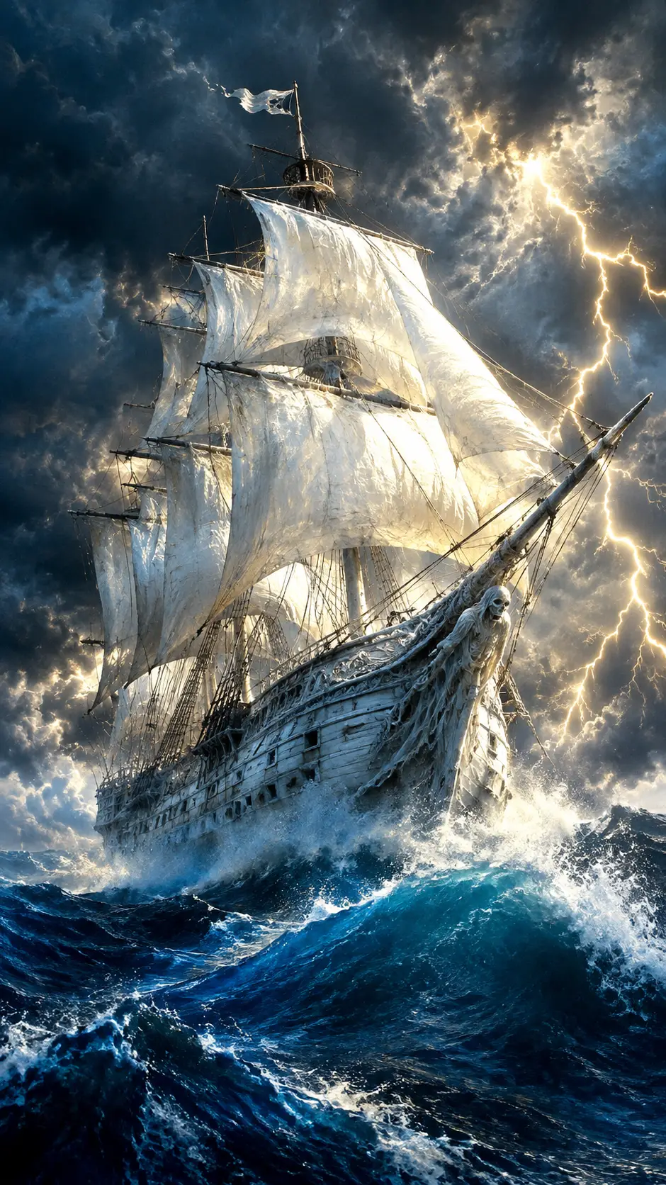 A ghost galleon sails through churning waves beneath jagged lightning