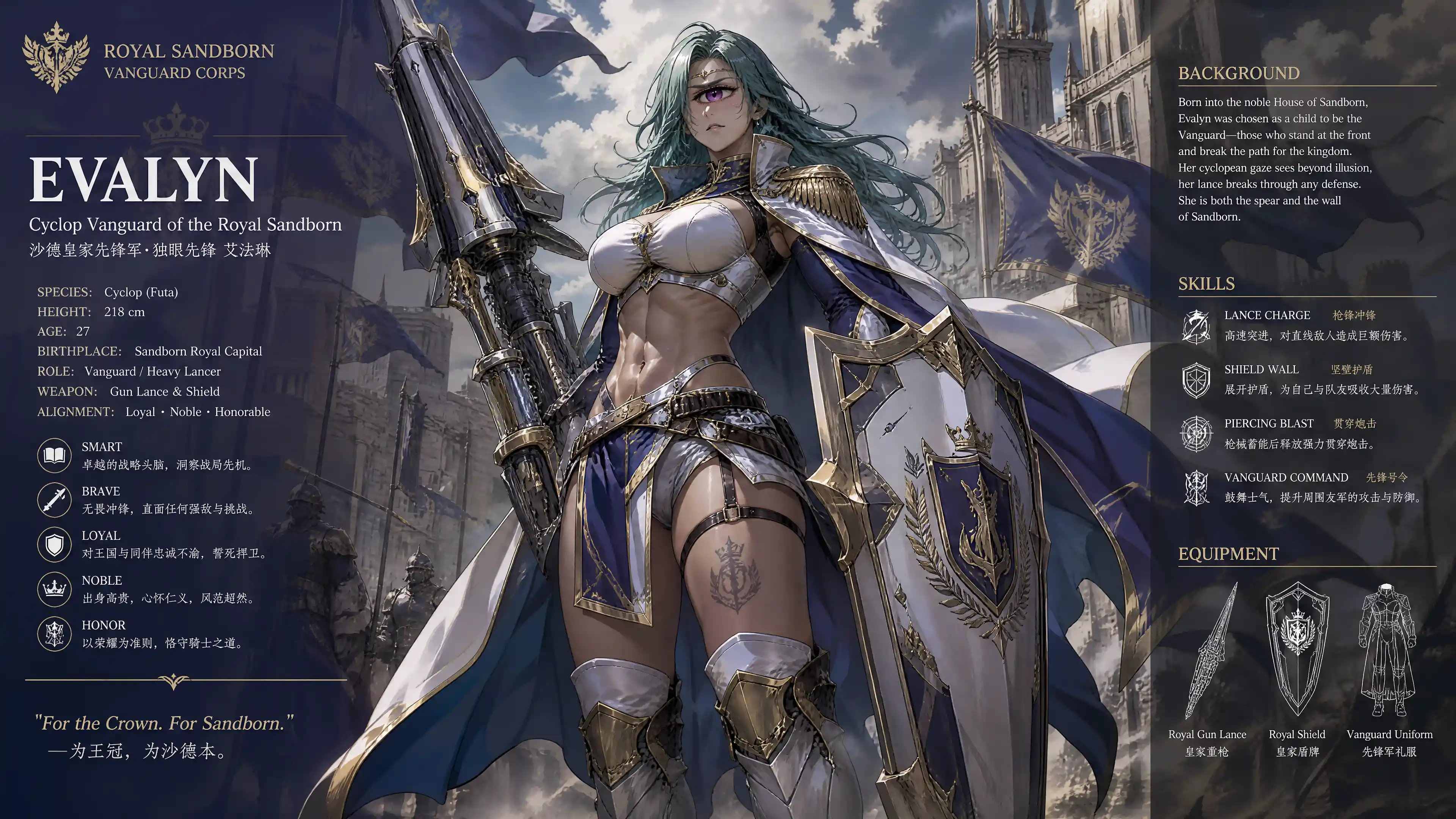 A Cyclops Warrior Woman in Uniform With a Gun Lance and Shield