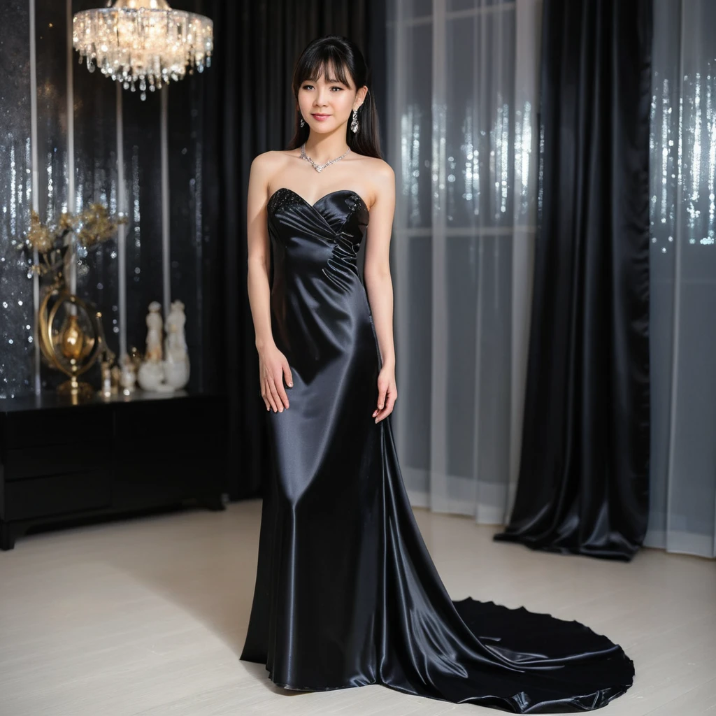 A young Japanese woman stands in a strapless black satin gown