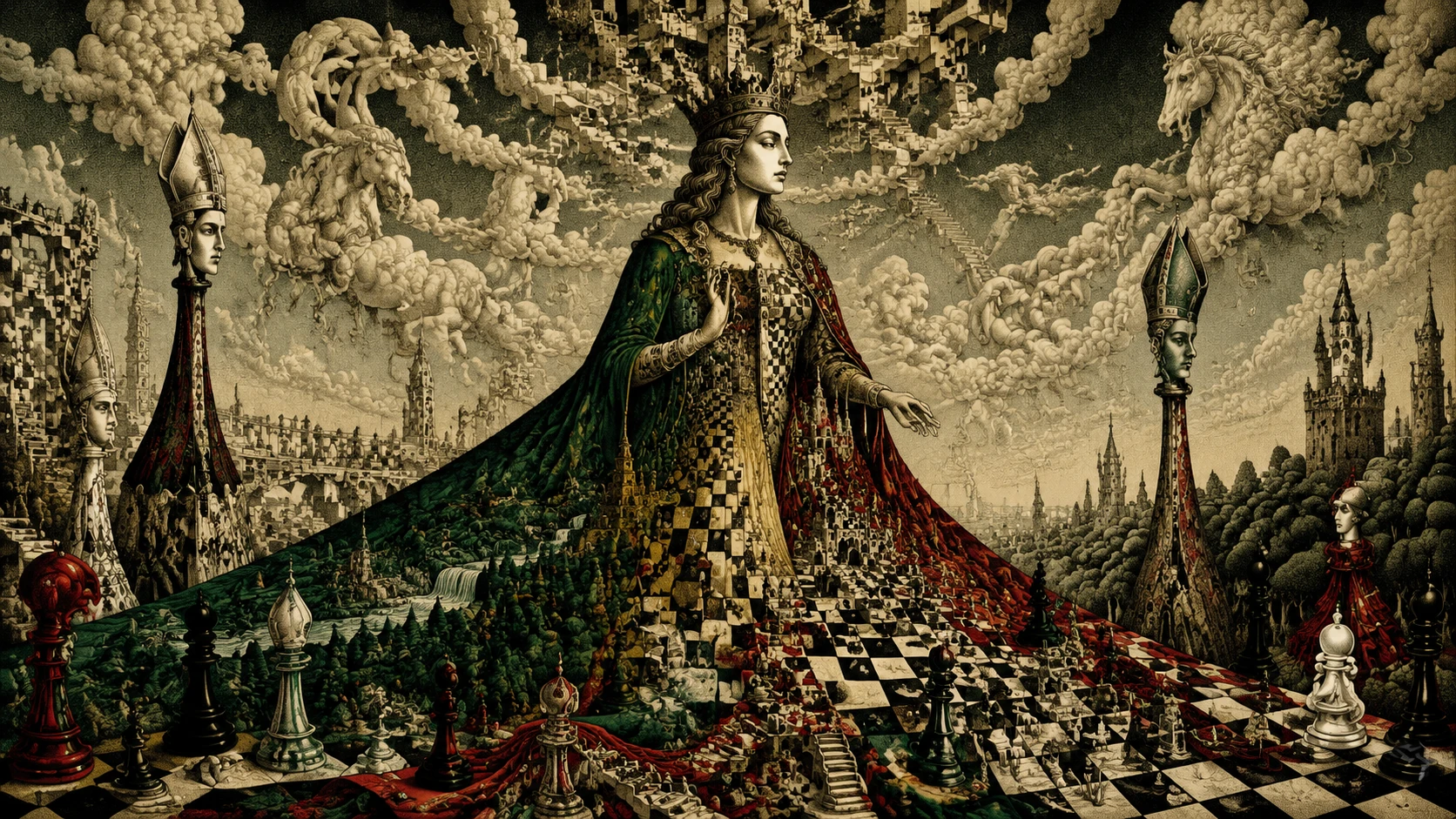 A towering queen wears a gown transformed into a checkerboard landscape