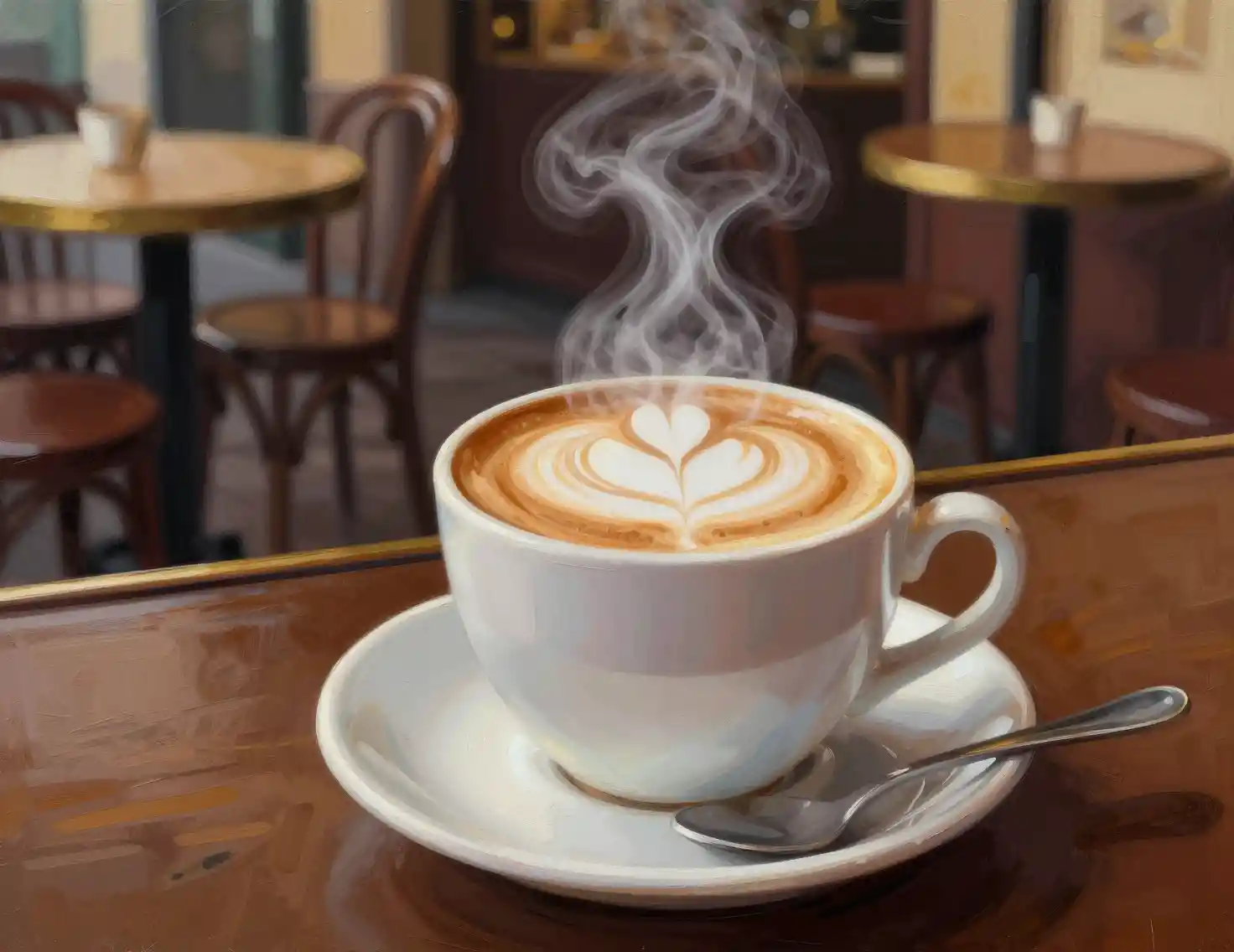 Fresh cappuccino steams on the bar of a small Italian cafe