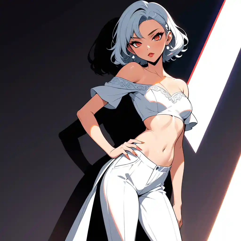 Anime girl posing in a white off-shoulder top and cotton pants