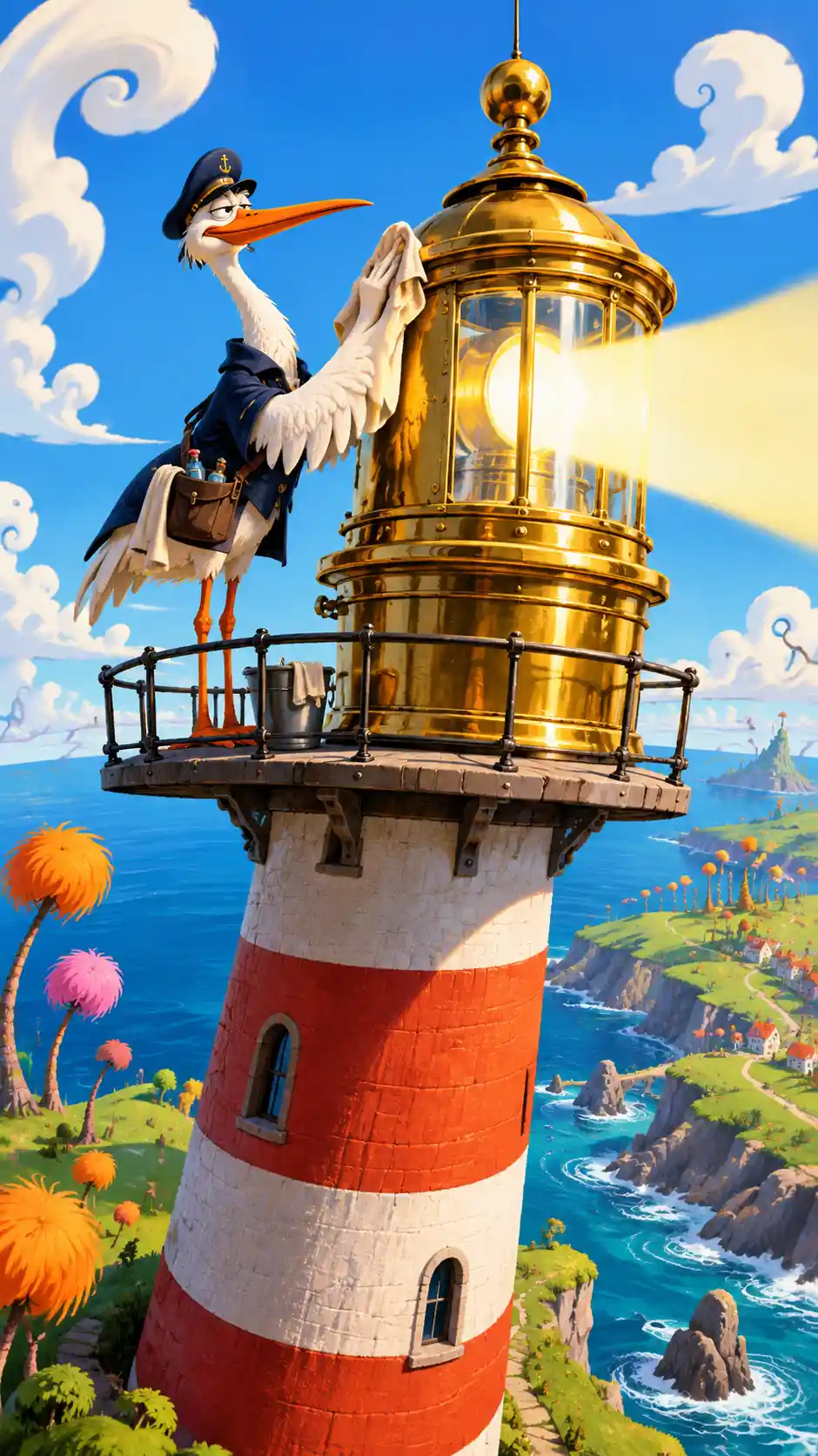 A stoic stork polishes a brass lantern atop a remote lighthouse