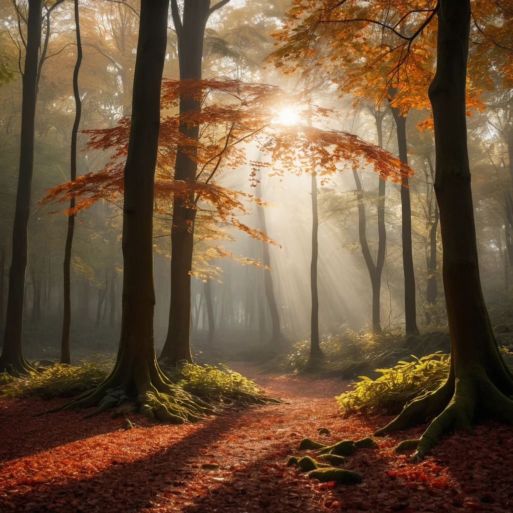 A Misty Autumn Forest Glows Beneath Golden Rays at Dawn