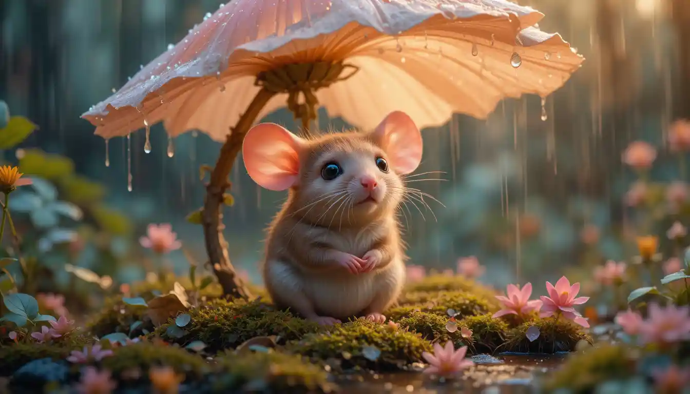 A tiny mouse shelters beneath a flower during gentle forest rain