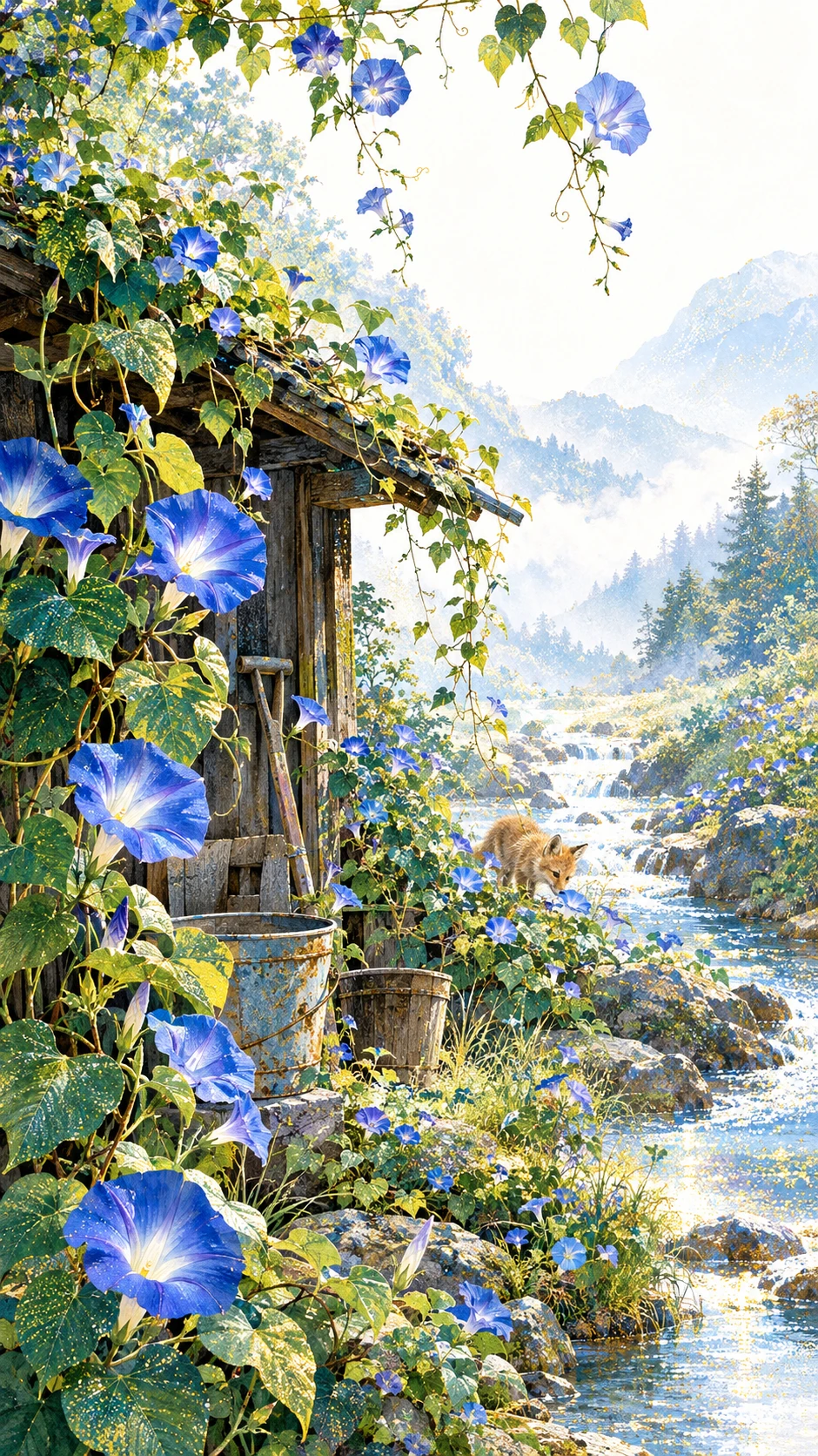 Morning Glories Bloom Beside a Mountain Stream in Soft Summer Light