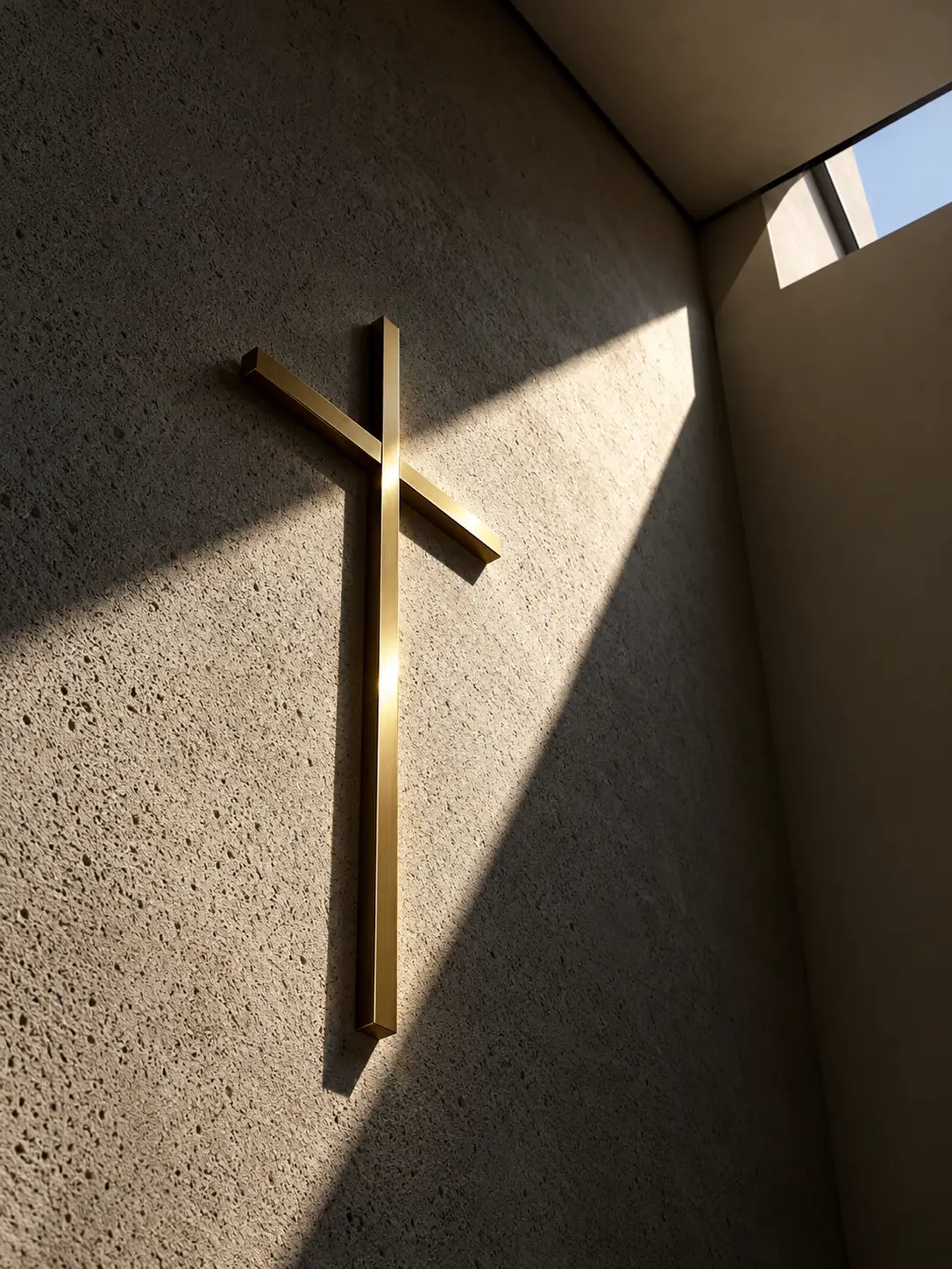 A brass cross catches sunlight against a textured concrete wall