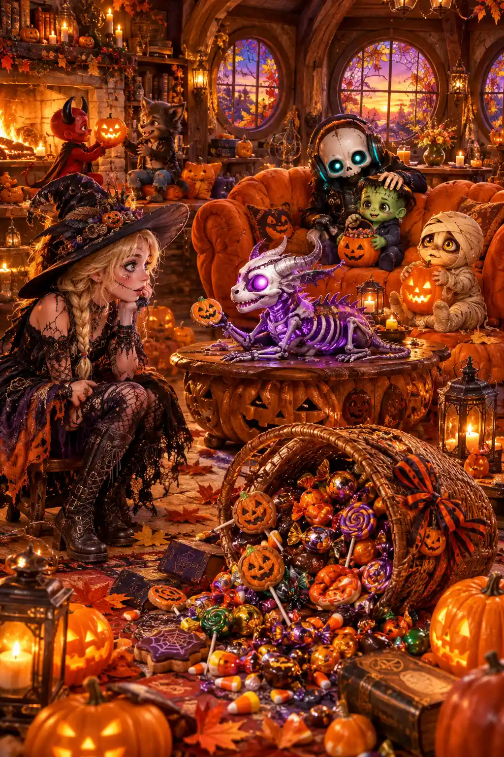 A cozy Halloween cottage glows with firelight and pumpkin decorations