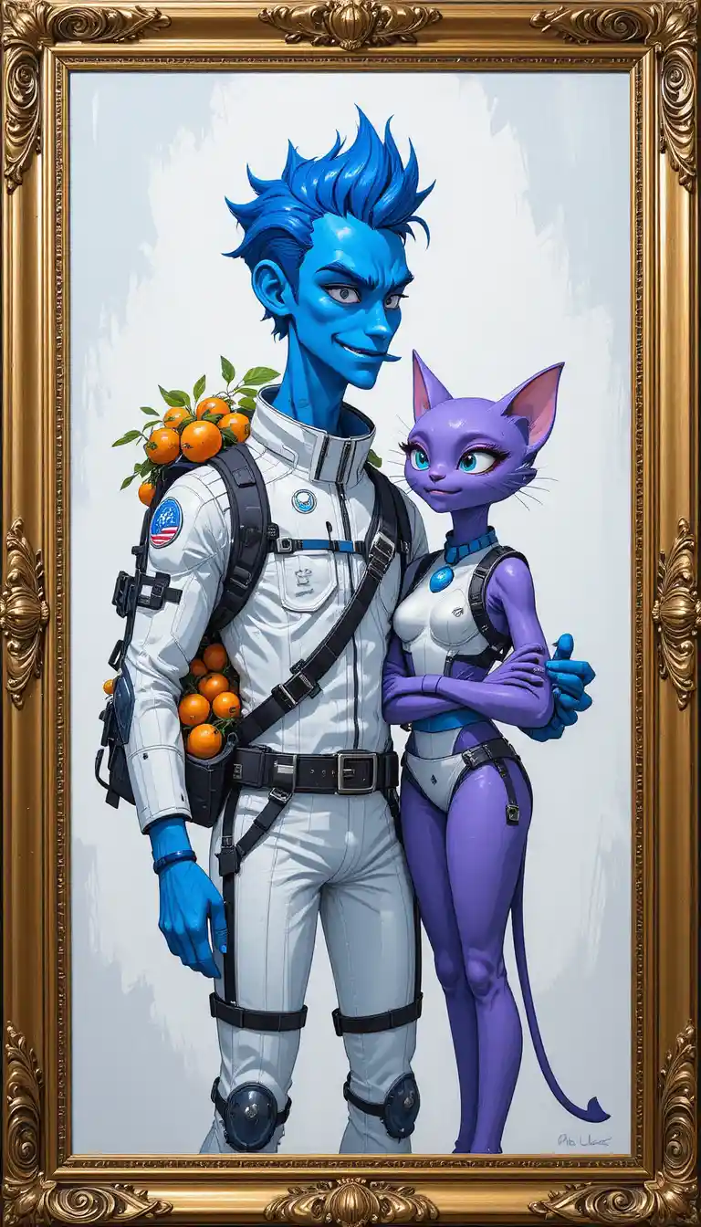 A Blue Cartoon Character Crouches Beside a Wide-Eyed Purple Creature