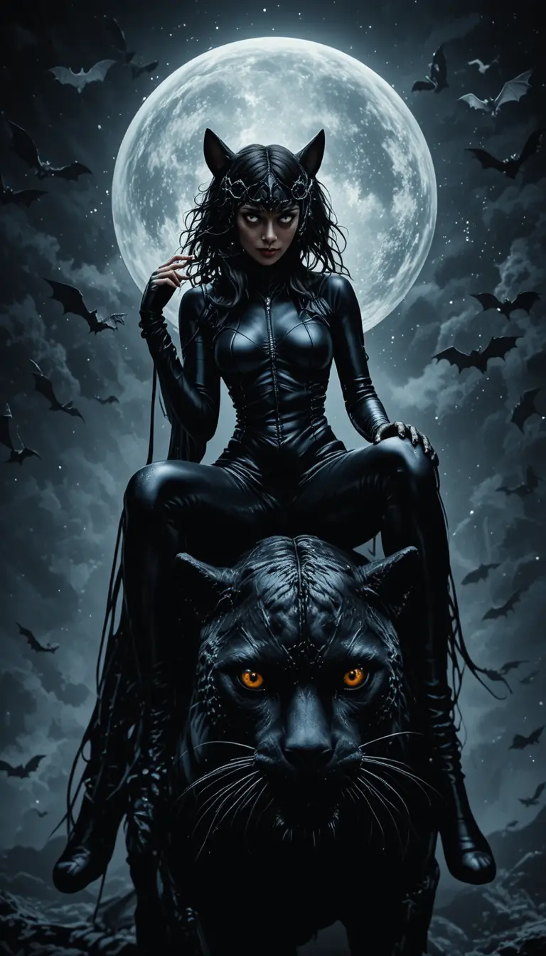 Catwoman Rides a Black Panther Beneath a Luminous Full Moon