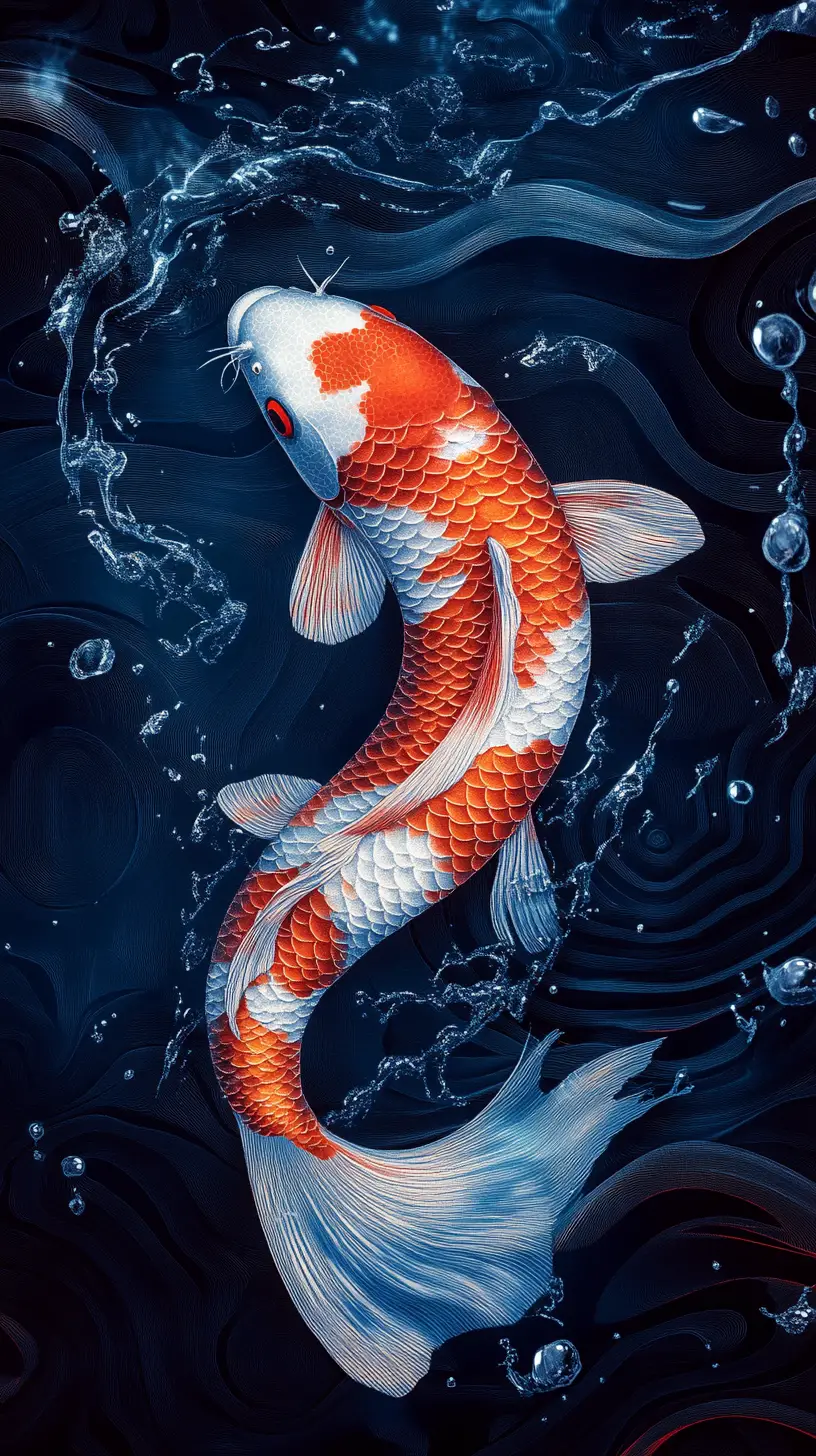 Koi swim through concentric ripples in a stippled water design