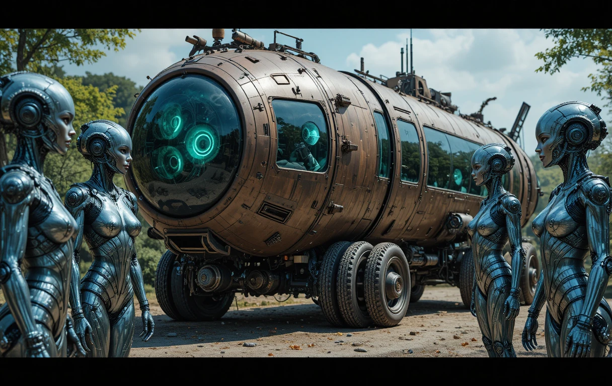 Female androids gather around a rusted transport vehicle