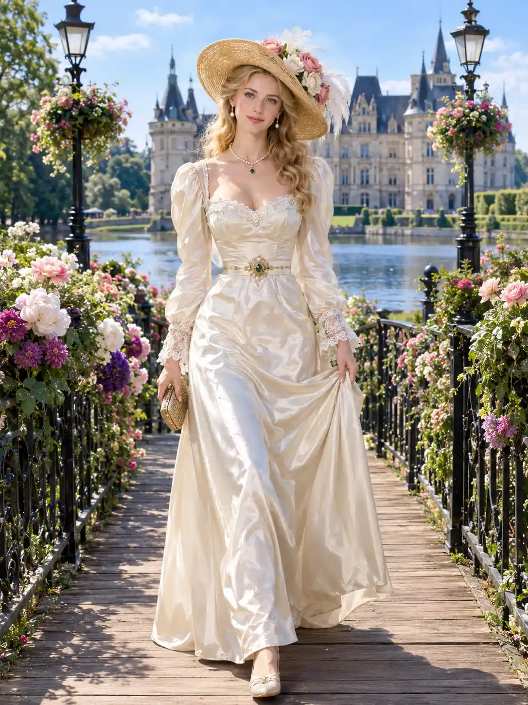 A Victorian woman walks across a flowering bridge toward a grand chateau