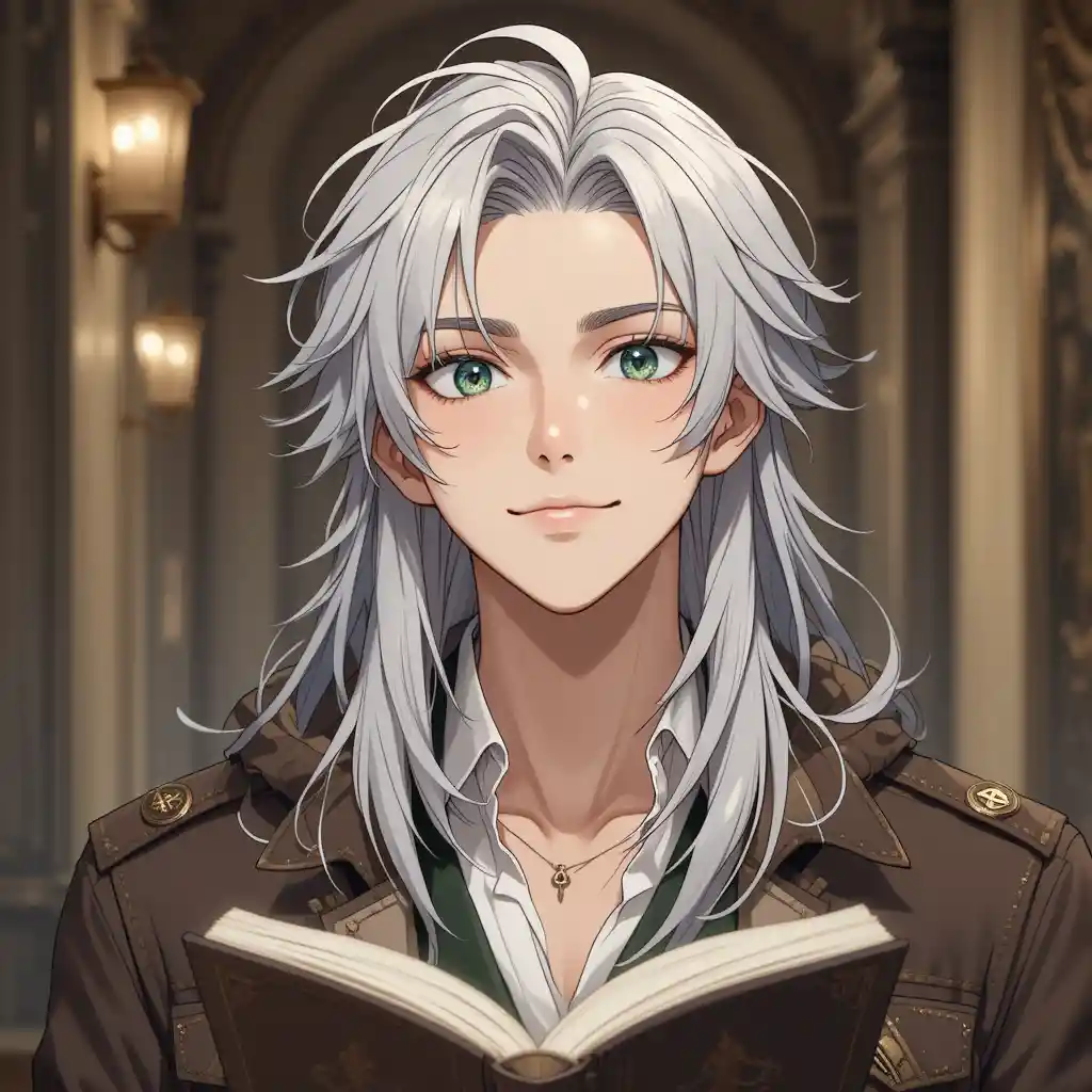 An anime young man with silver hair looks up from reading