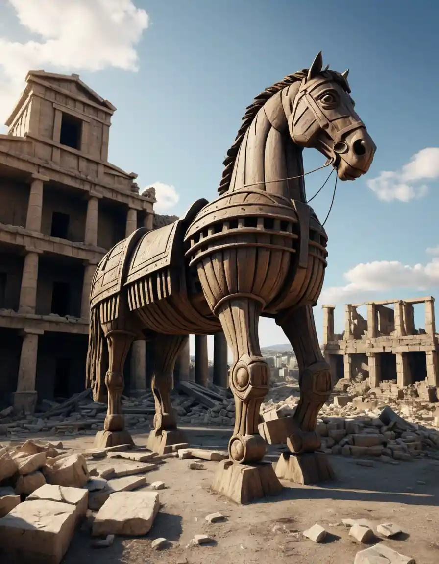 A Wooden Trojan Horse Stands Amid the Smoldering Ruins of Troy