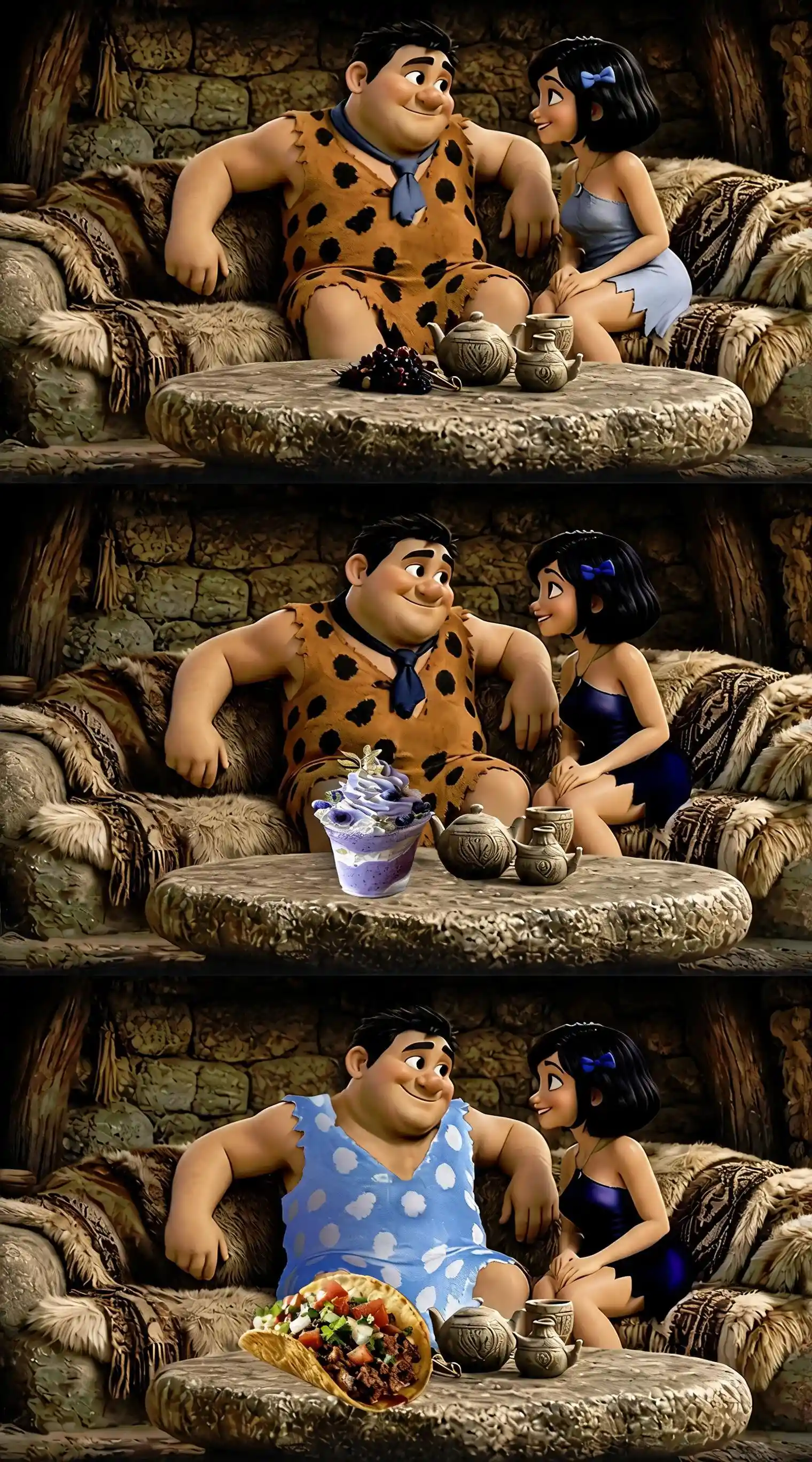 Cartoon characters sit on a fur-covered stone couch against stone walls