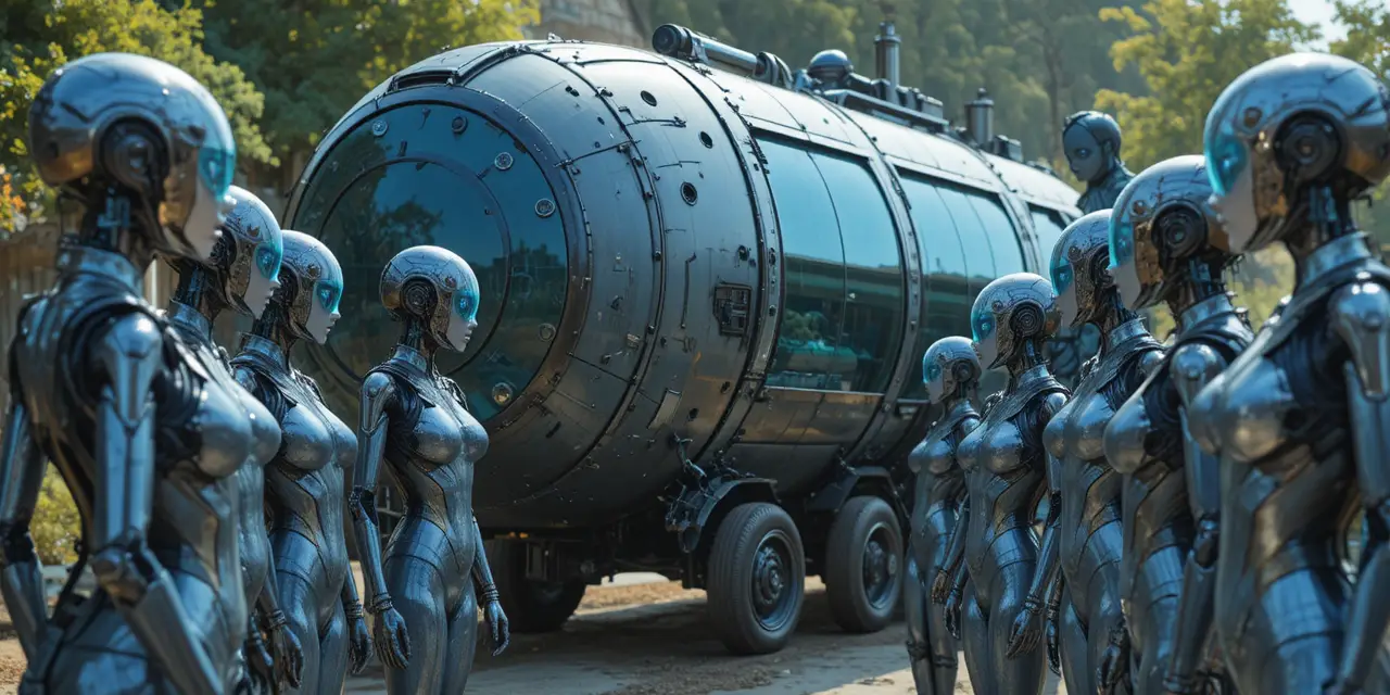 Female androids gather around a weathered, finned transport vehicle