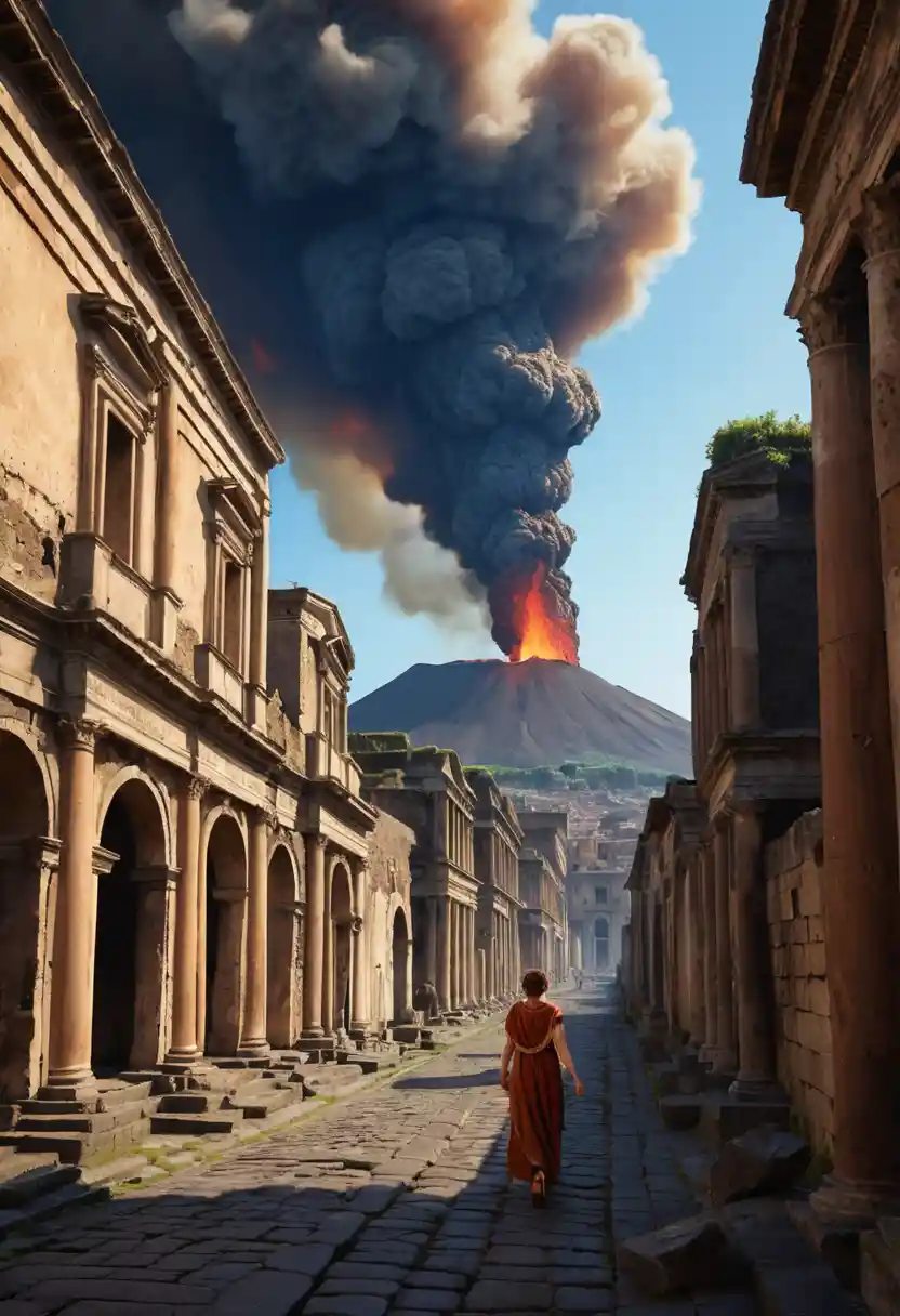 A Roman woman flees through Pompeii as Vesuvius erupts