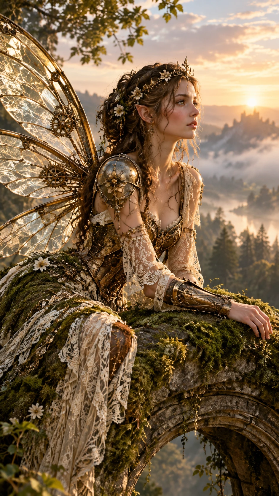 A woodland nymph with glass wings rests on a mossy stone arch