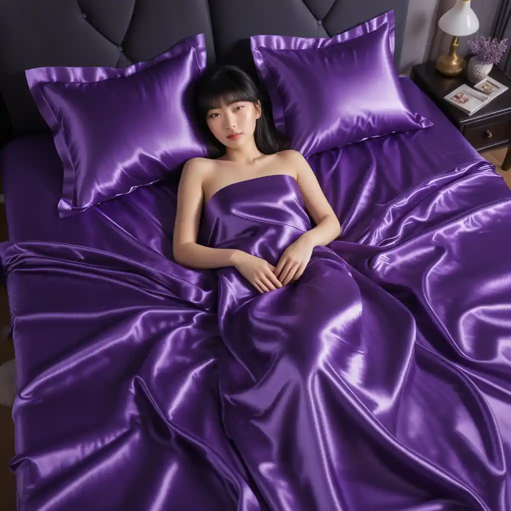 A Japanese Woman Lies on Shimmering Purple Satin Bed Sheets