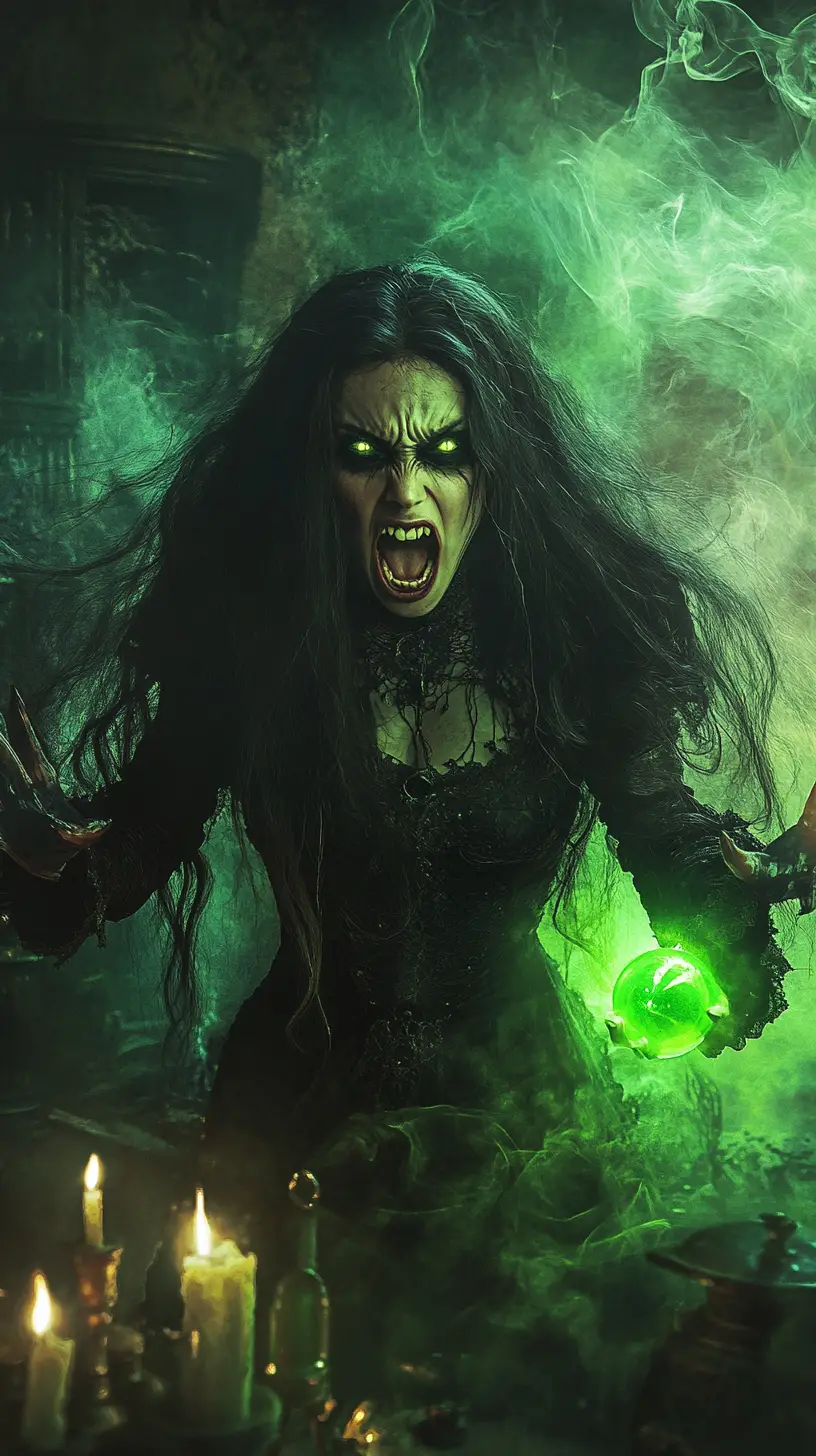 A Screaming Witch Holds a Glowing Orb in a Candlelit Gothic Room