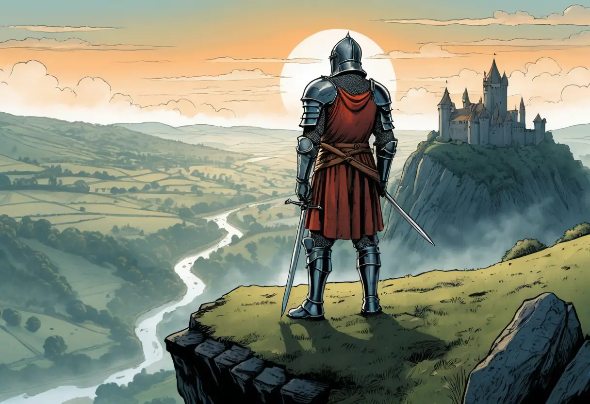 A Medieval Knight Looks Across a Misty Valley Toward a Distant Castle