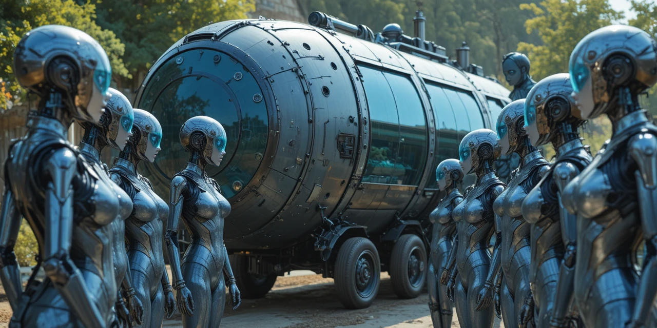 Female androids gather around a weathered, finned transport vehicle