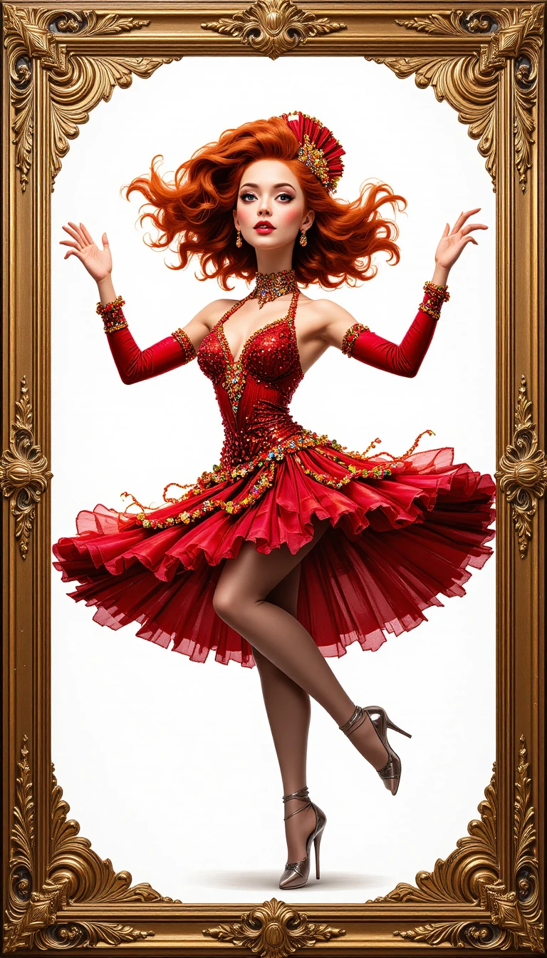 A young roller skater performs within an ornate rococo gold frame