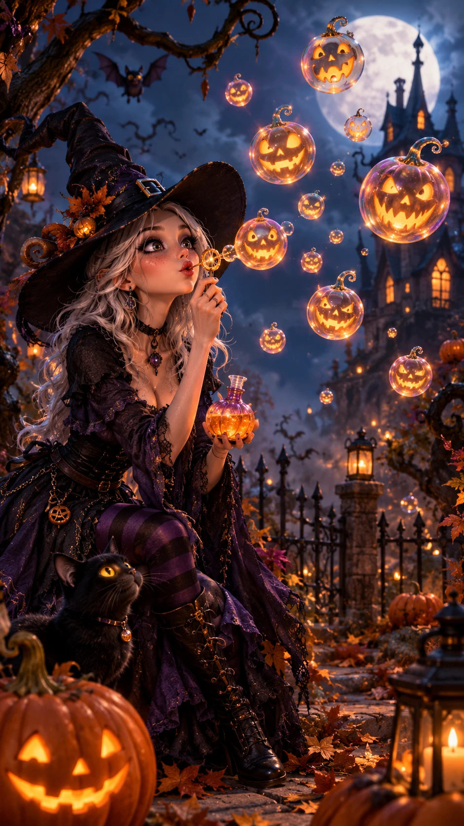 A Halloween witch blows glowing jack-o'-lantern bubbles into the air