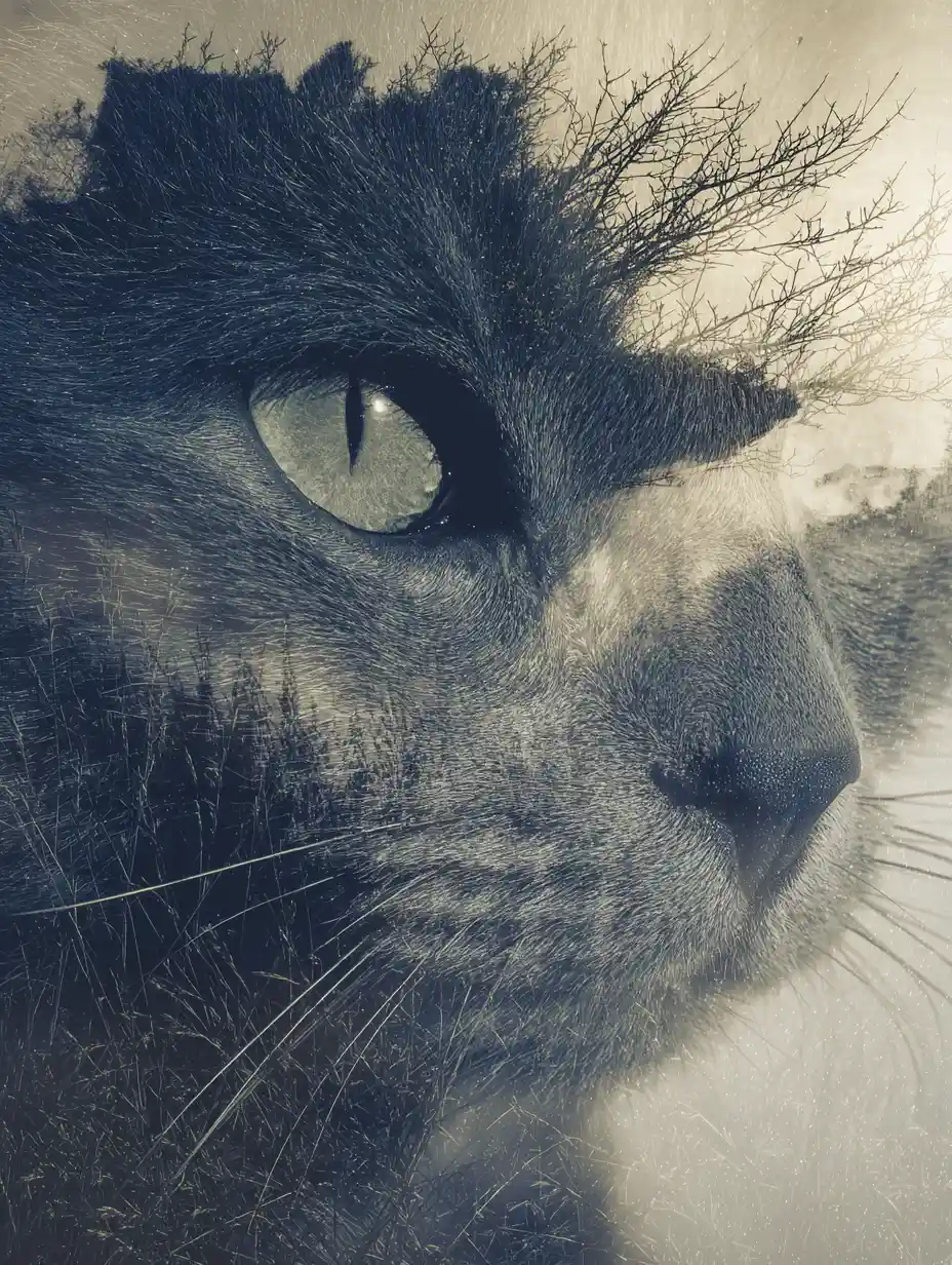 A surreal cat portrait rendered in bold linocut style