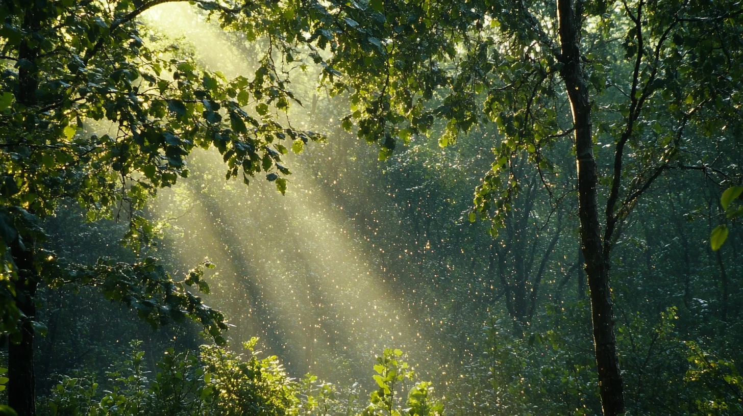 A forest after rain glows as leaf droplets catch warm morning sunlight