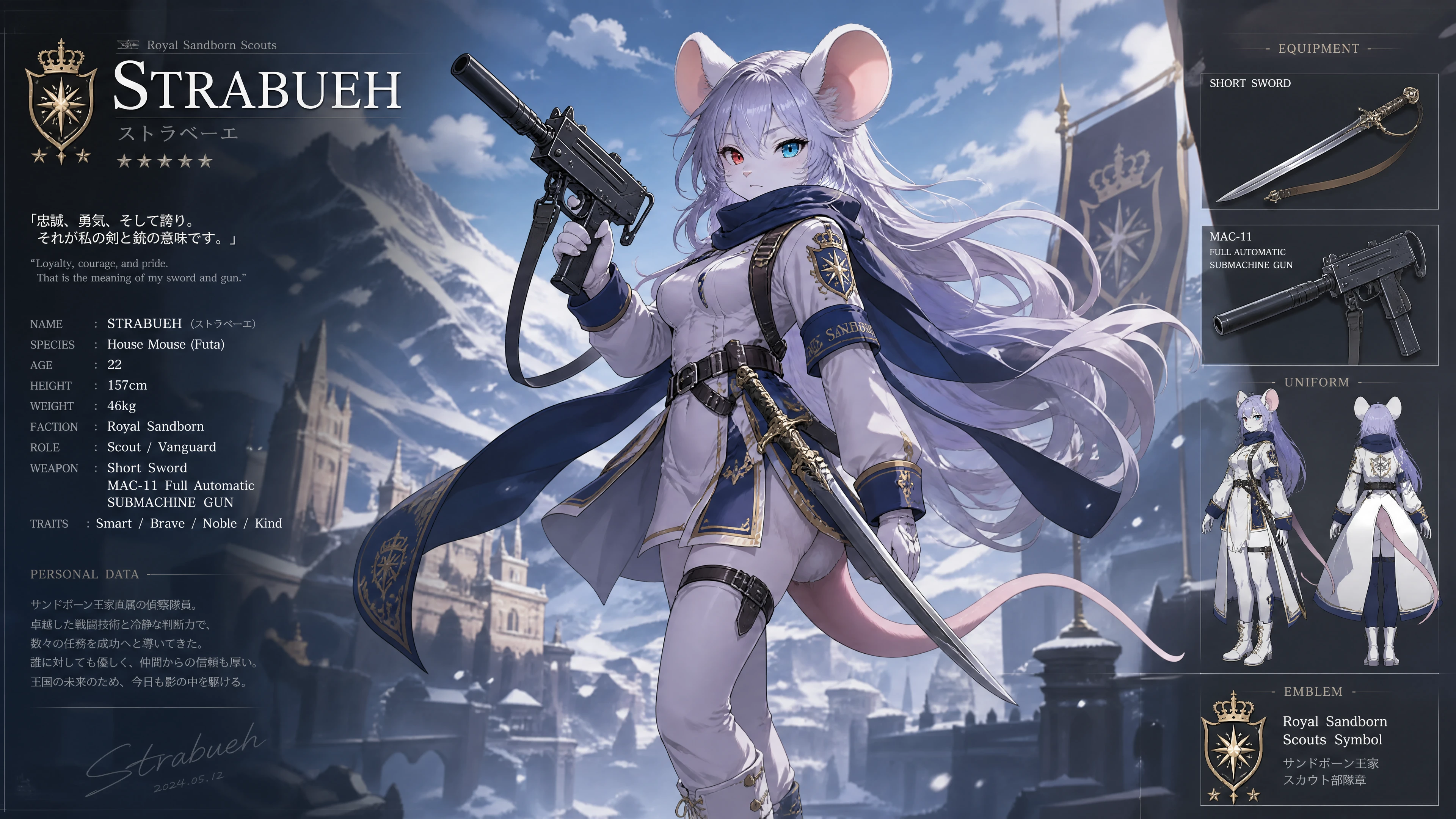 A white-furred mouse scout with silver-purple hair and a long scarf
