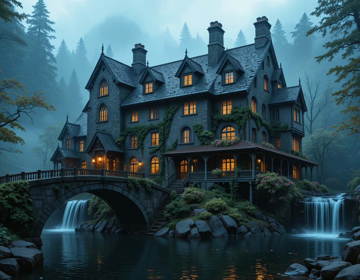 A Gothic stone inn beside a misty forest waterfall