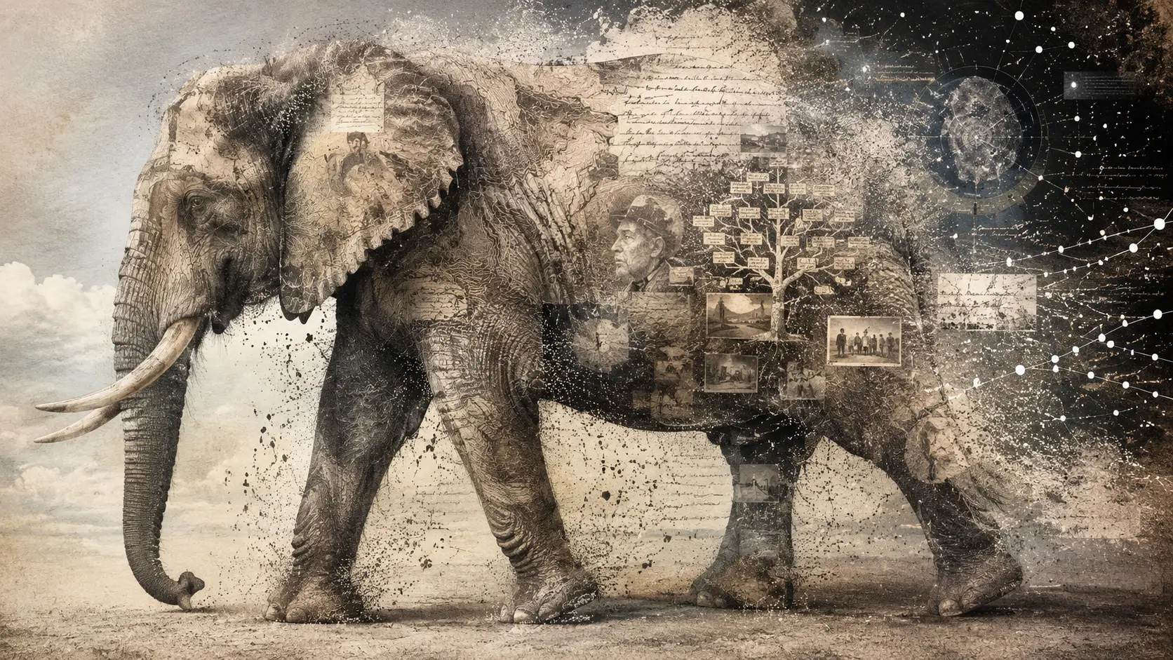 An Ancient Elephant Walks Through Open Space With Maps Etched Into Its Skin