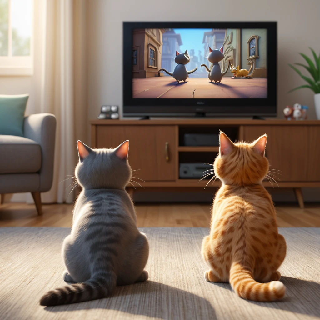 Two cats watch television from behind in a living room