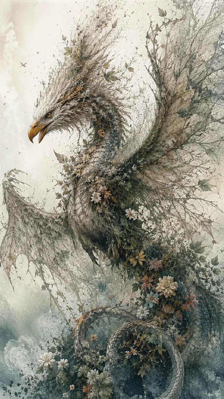 A dragon with a head that shifts into a soaring eagle and vine wings