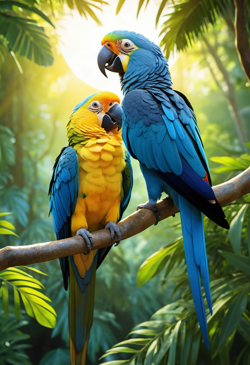 Two Colorful Parrots Perched Together Against a Sunlit Forest