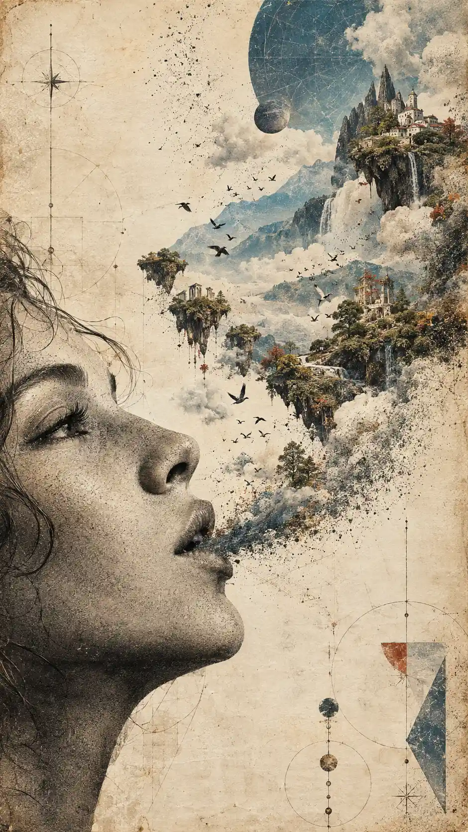 A contemplative portrait releases a miniature landscape into the clouds