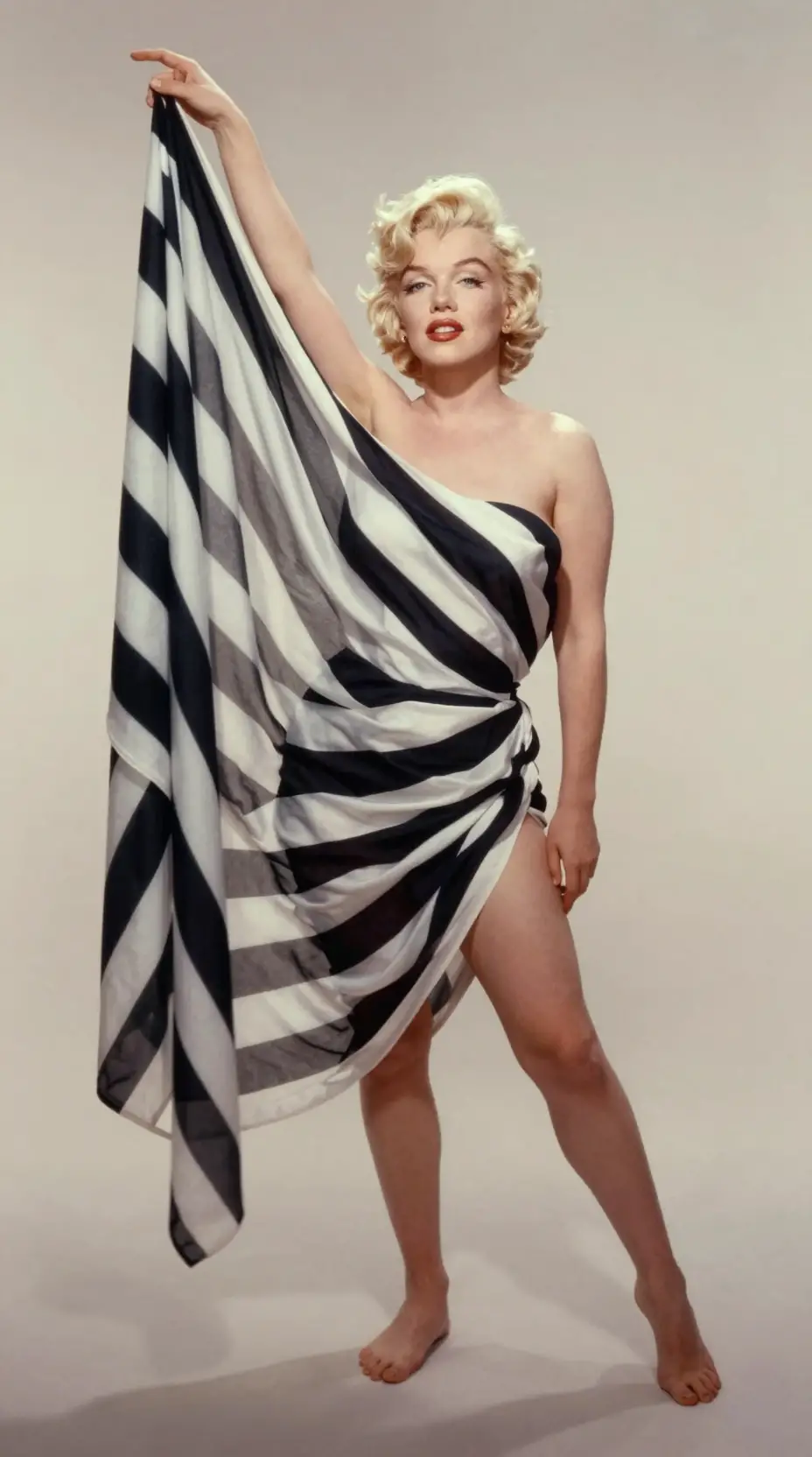Marilyn Monroe poses with a striped cloth in a neutral studio