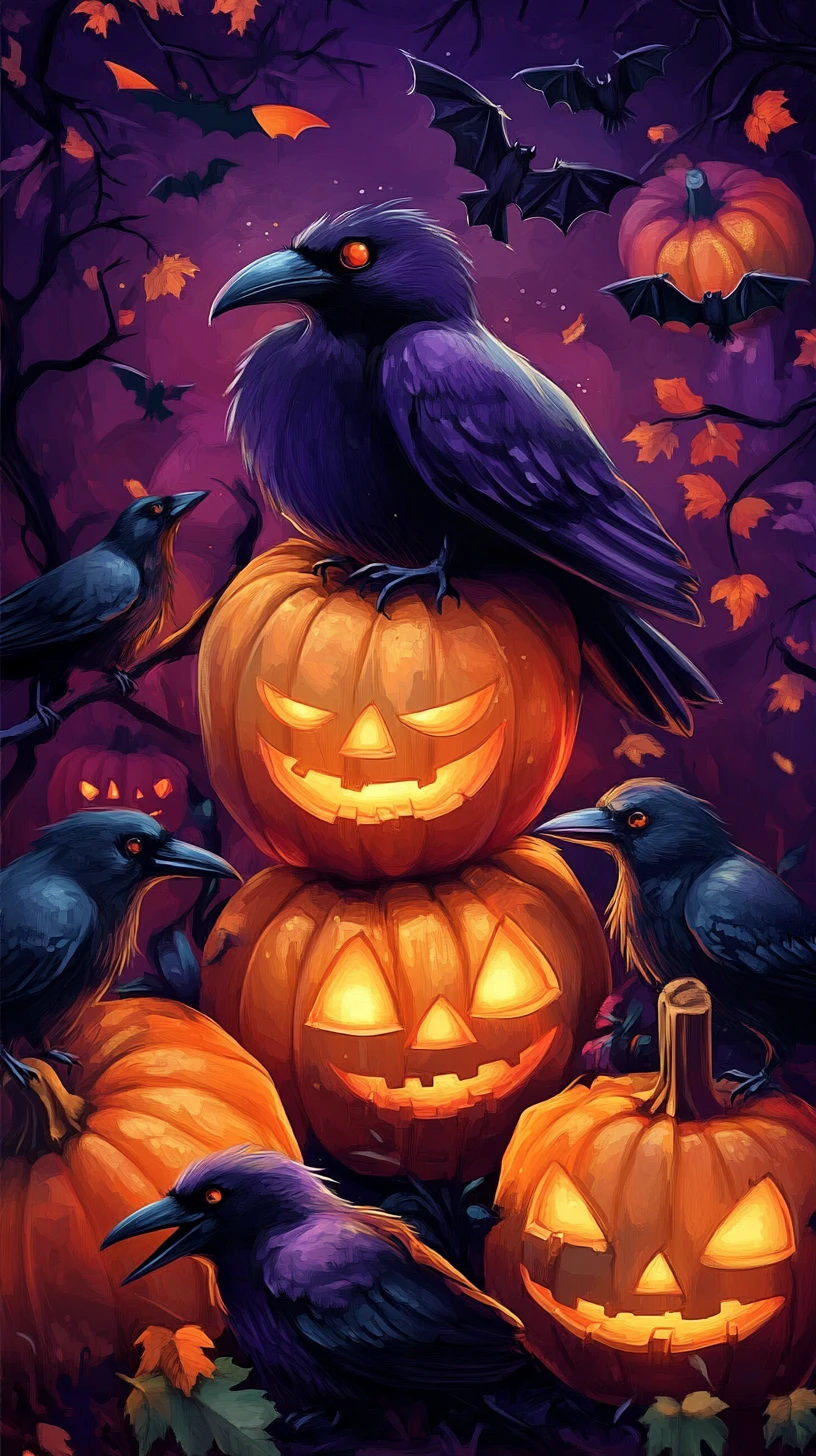 A cute spooky creature among Halloween pumpkins and ravens
