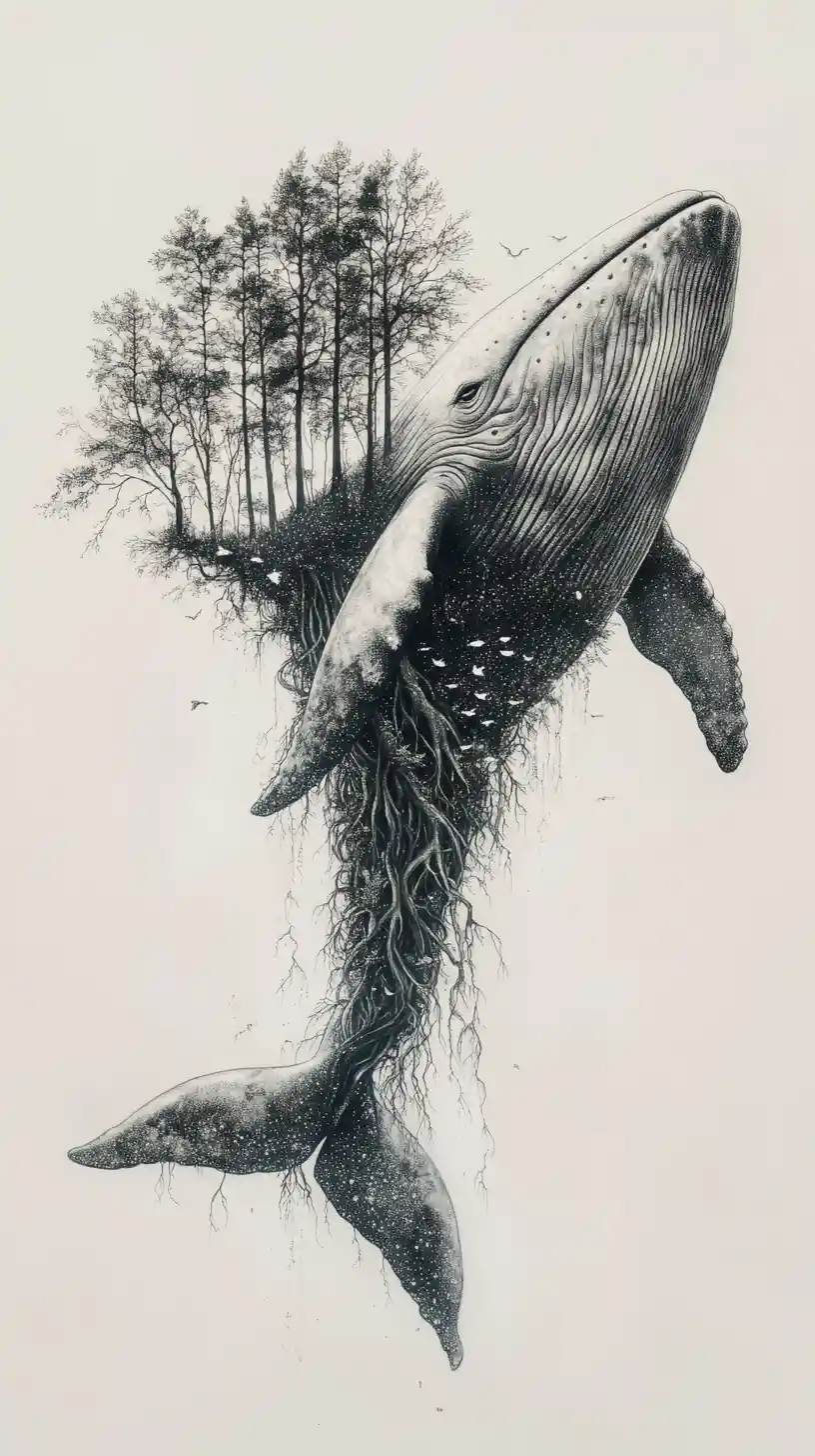 A floating whale reveals forests, waterfalls, and roots within its curving form