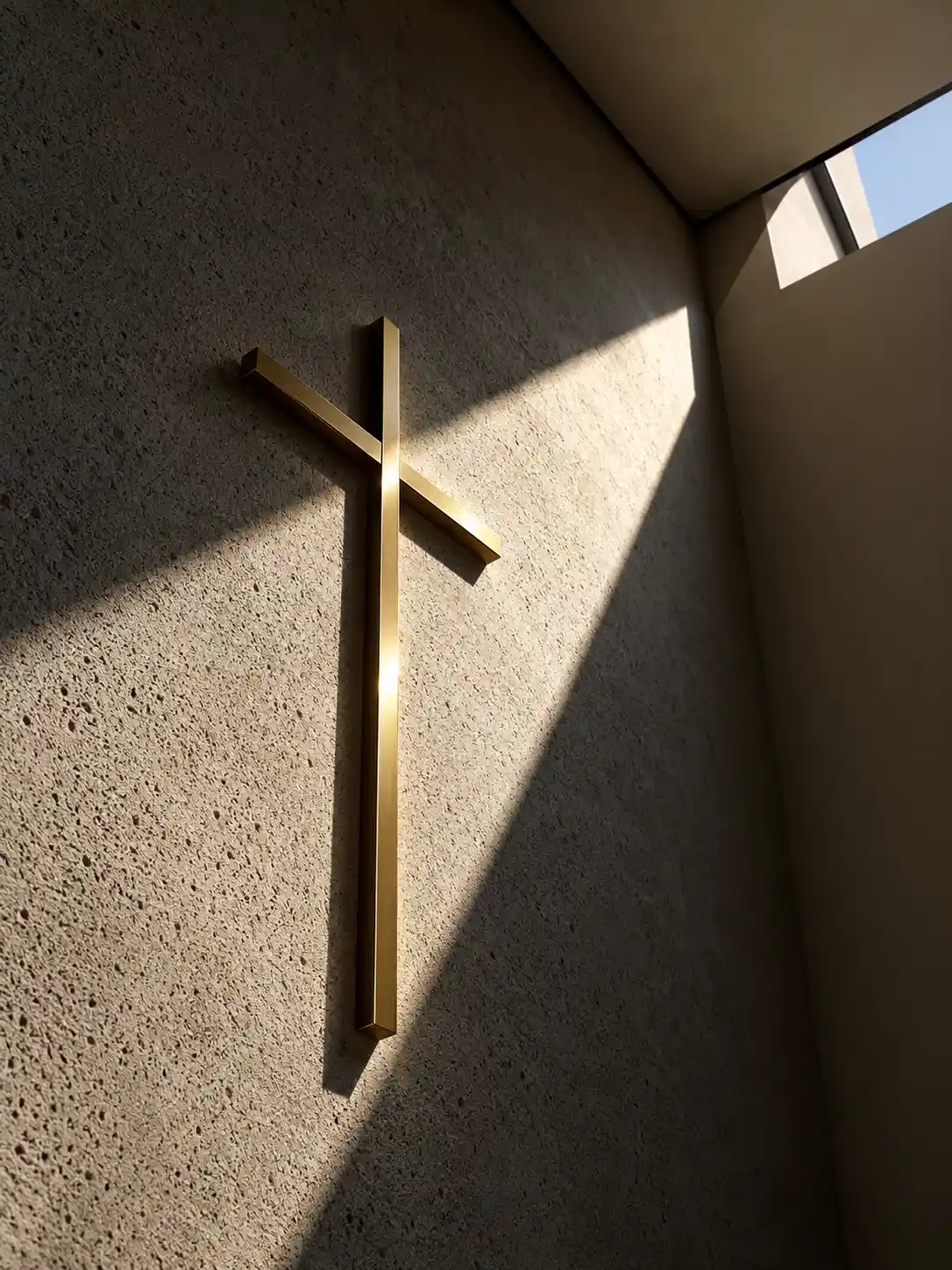 A brass cross catches sunlight against a textured concrete wall
