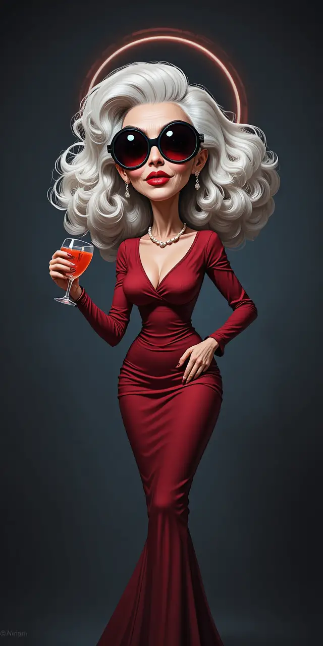 A Caricatured Elderly Woman Holds a Red Cocktail Against a Dark Background
