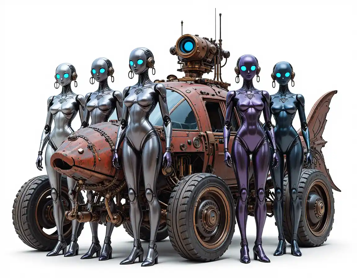 Four futuristic androids stand before a steampunk fish shaped vehicle