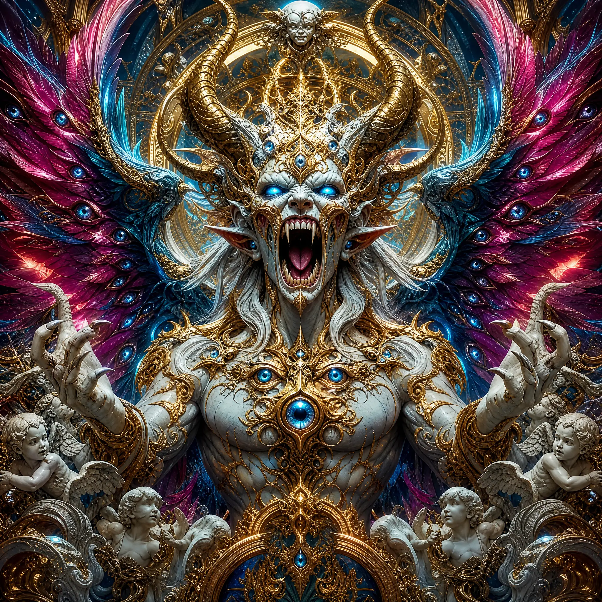 擁有羽毛翅膀與漂浮眼睛的咆哮天使惡魔混種