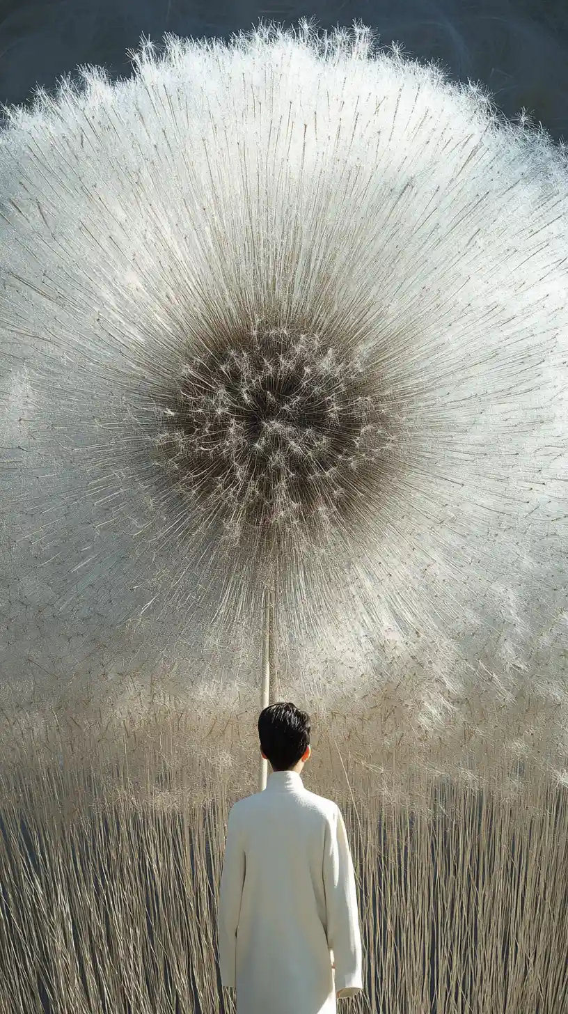 A colossal violet filament flower rising above a saturated field